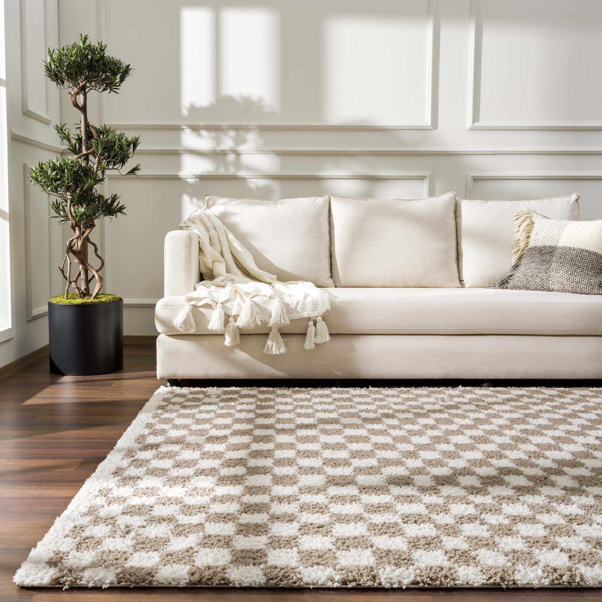 Modern Geometric Light brown and white Machine woven Plush wool area rug - Image 14