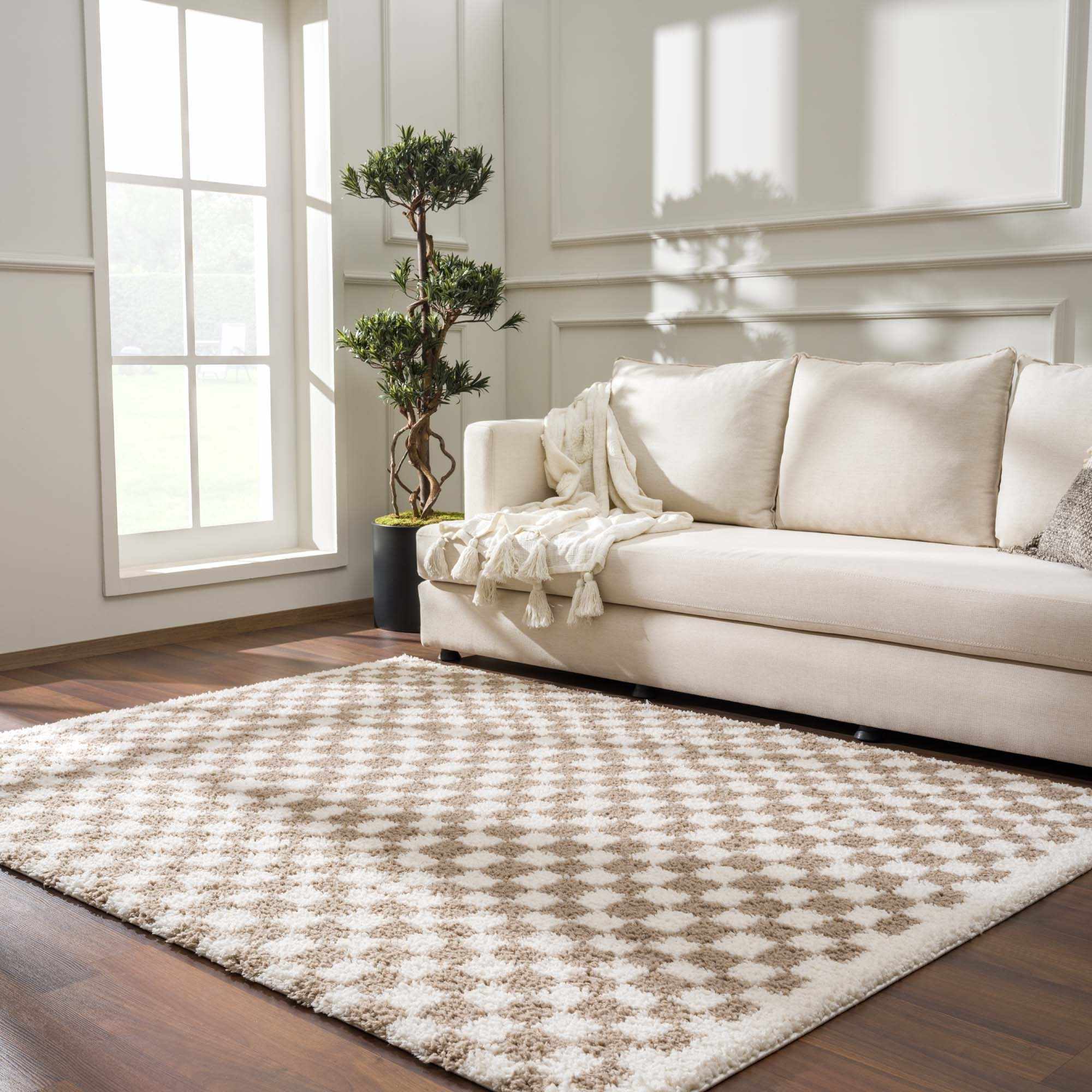 Modern Geometric Light brown and white Machine woven Plush wool area rug - Image 3
