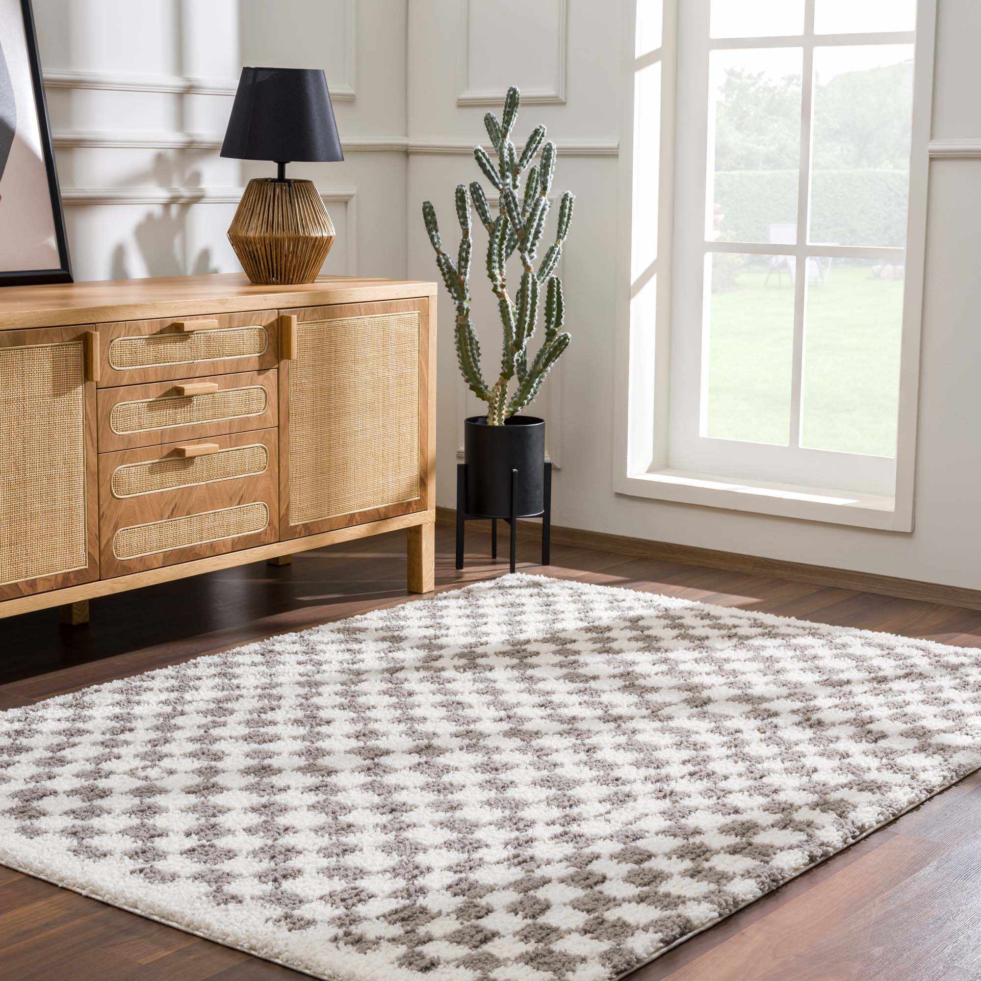 Modern Geometric Checkered plush White, Light Gray polyester area rug - Image 10