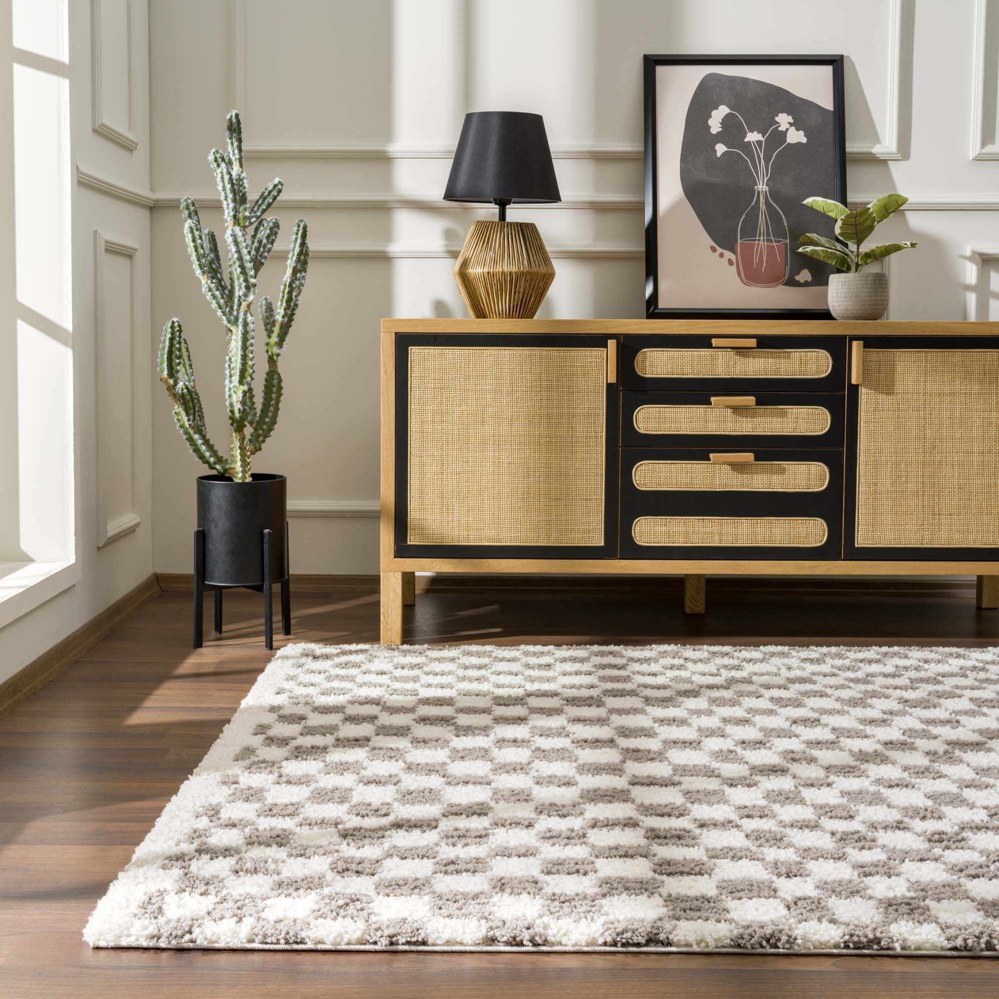 Modern Geometric Checkered plush White, Light Gray polyester area rug - Image 11