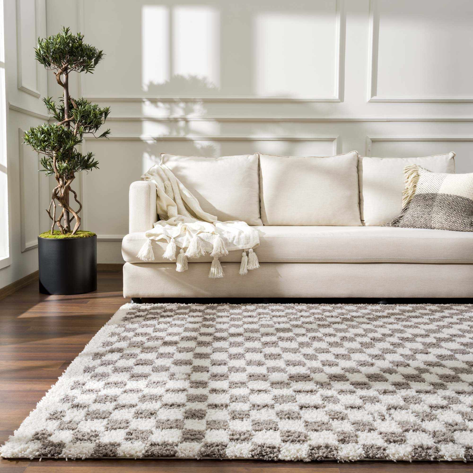 Modern Geometric Checkered plush White, Light Gray polyester area rug - Image 12