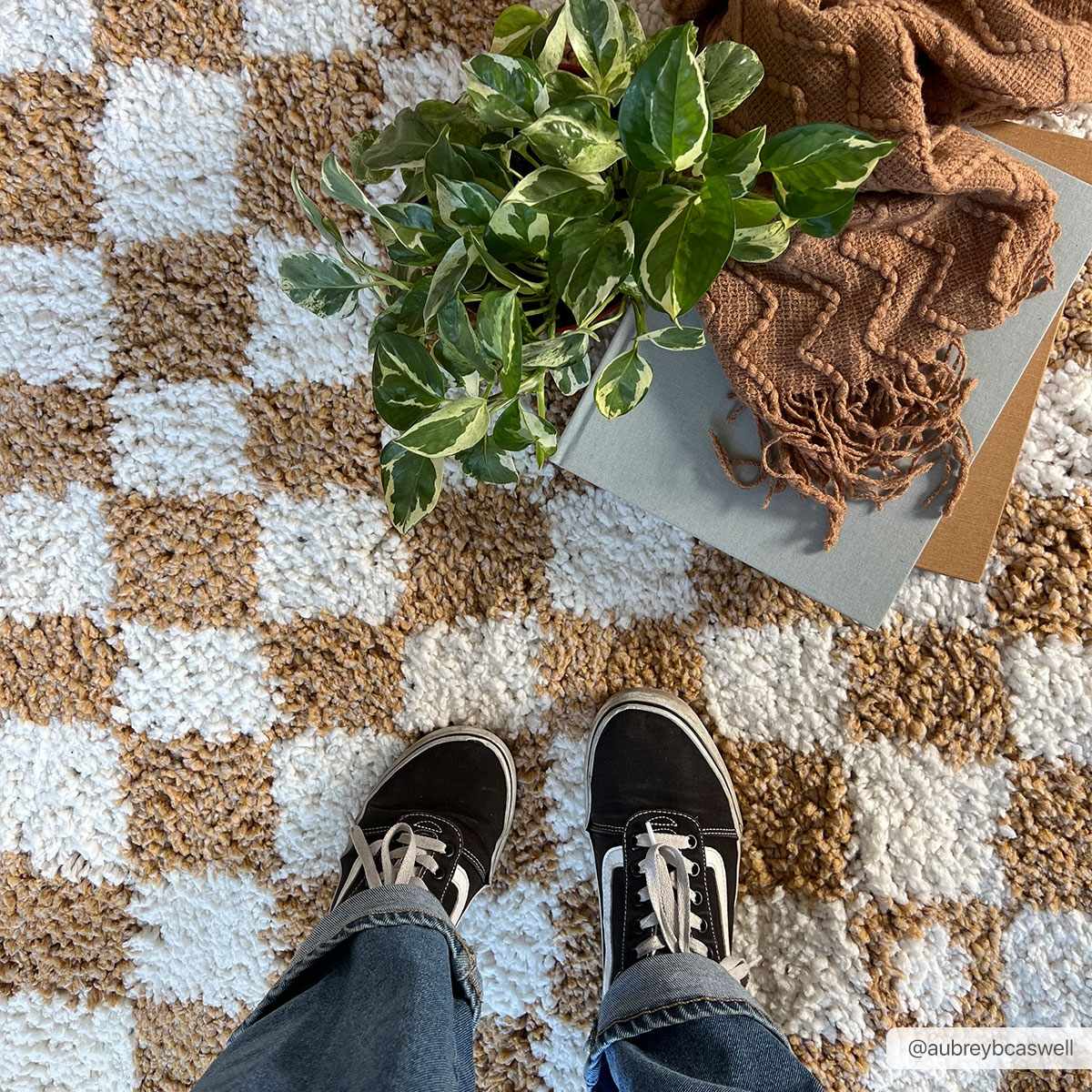 Modern Geometric checkered Plush Ivory Brown, White wool  Area Rug - Image 10