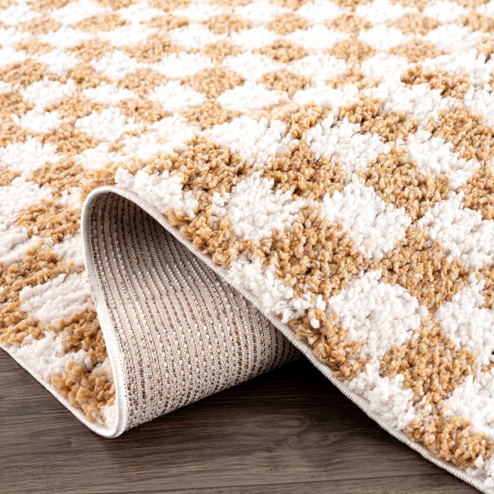 Modern Geometric checkered Plush Ivory Brown, White wool  Area Rug - Image 13