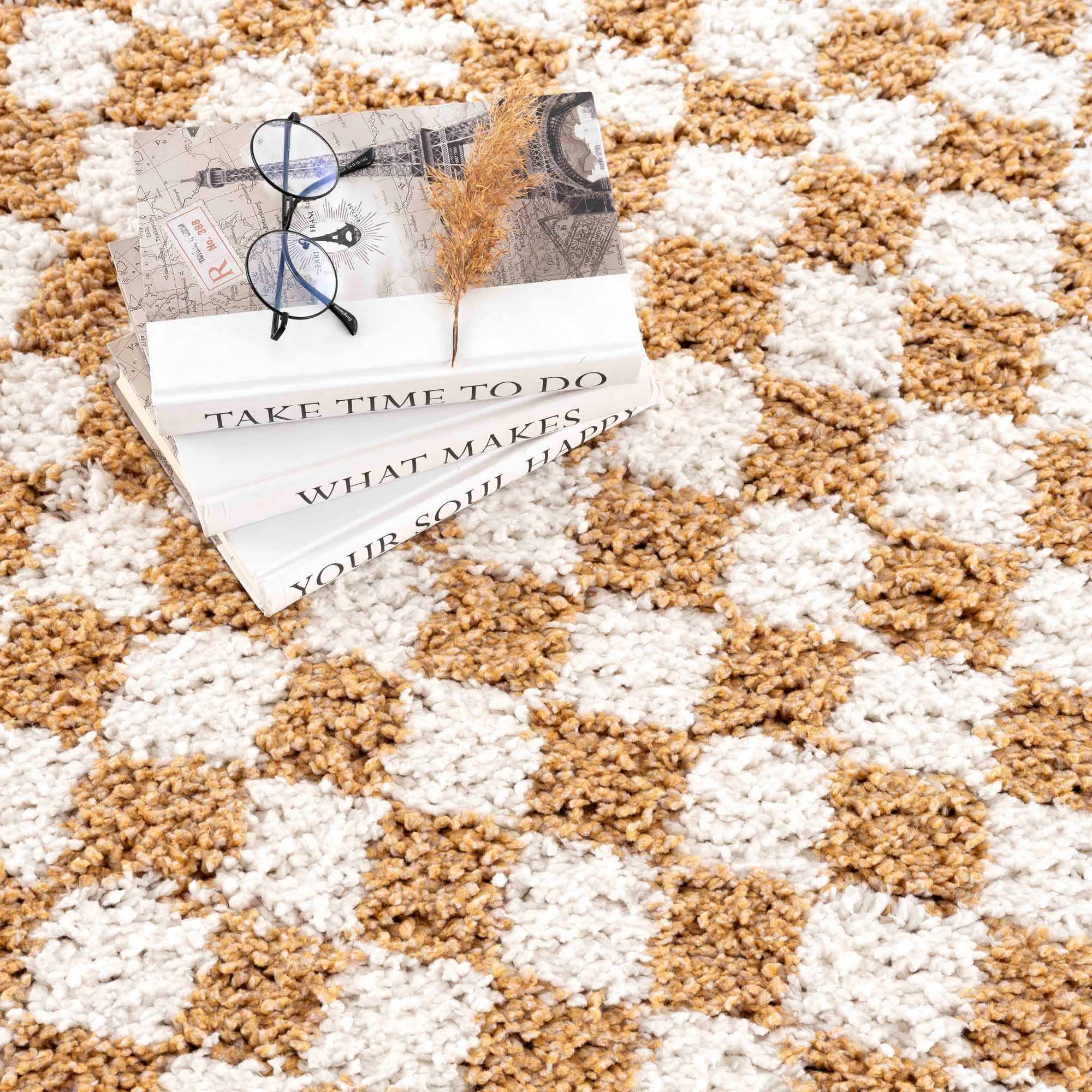 Modern Geometric checkered Plush Ivory Brown, White wool  Area Rug - Image 19