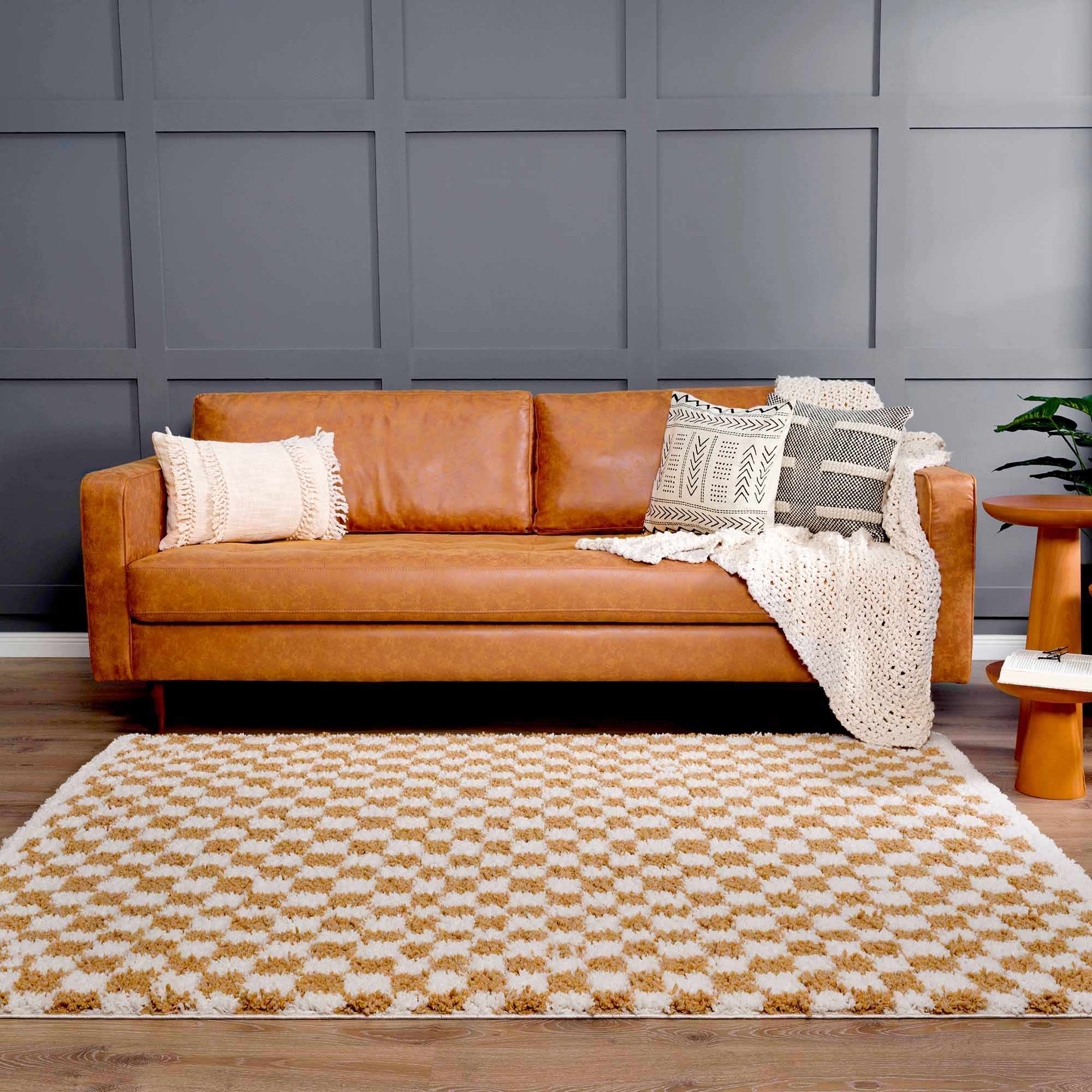 Modern Geometric checkered Plush Ivory Brown, White wool  Area Rug - Image 20
