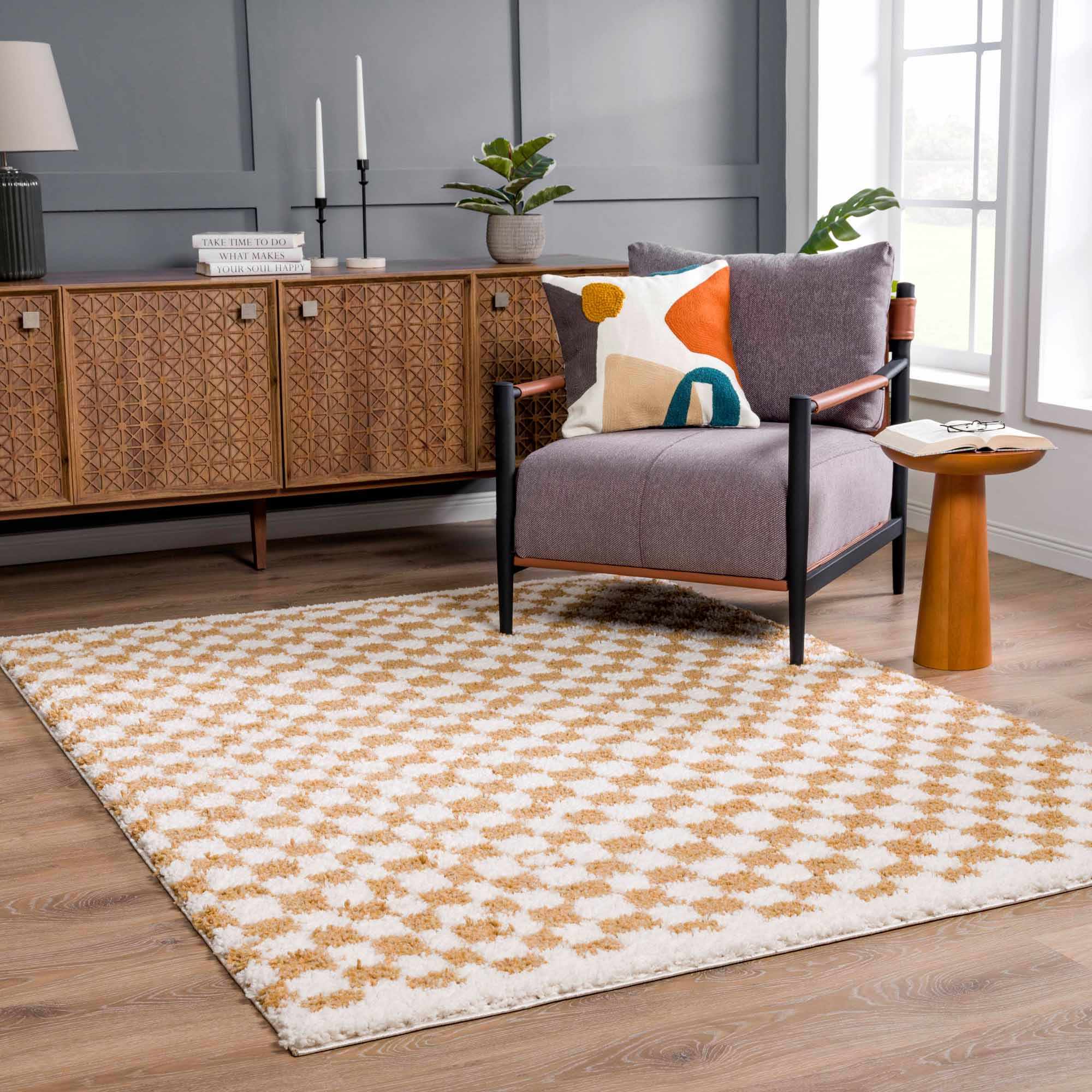 Modern Geometric checkered Plush Ivory Brown, White wool  Area Rug - Image 21