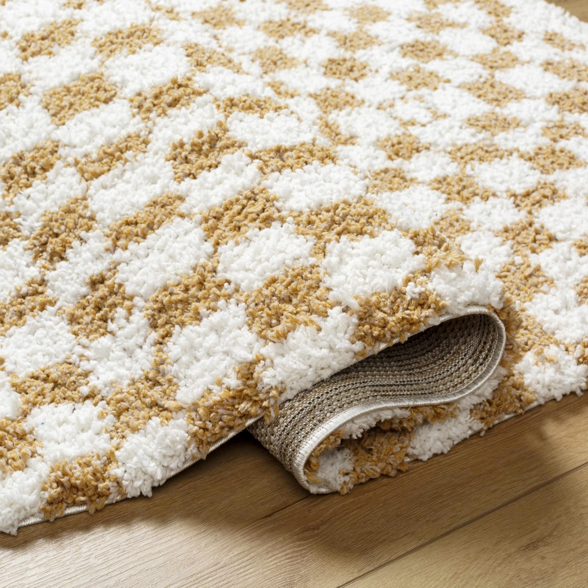 Modern Geometric checkered Plush Ivory Brown, White wool  Area Rug - Image 24