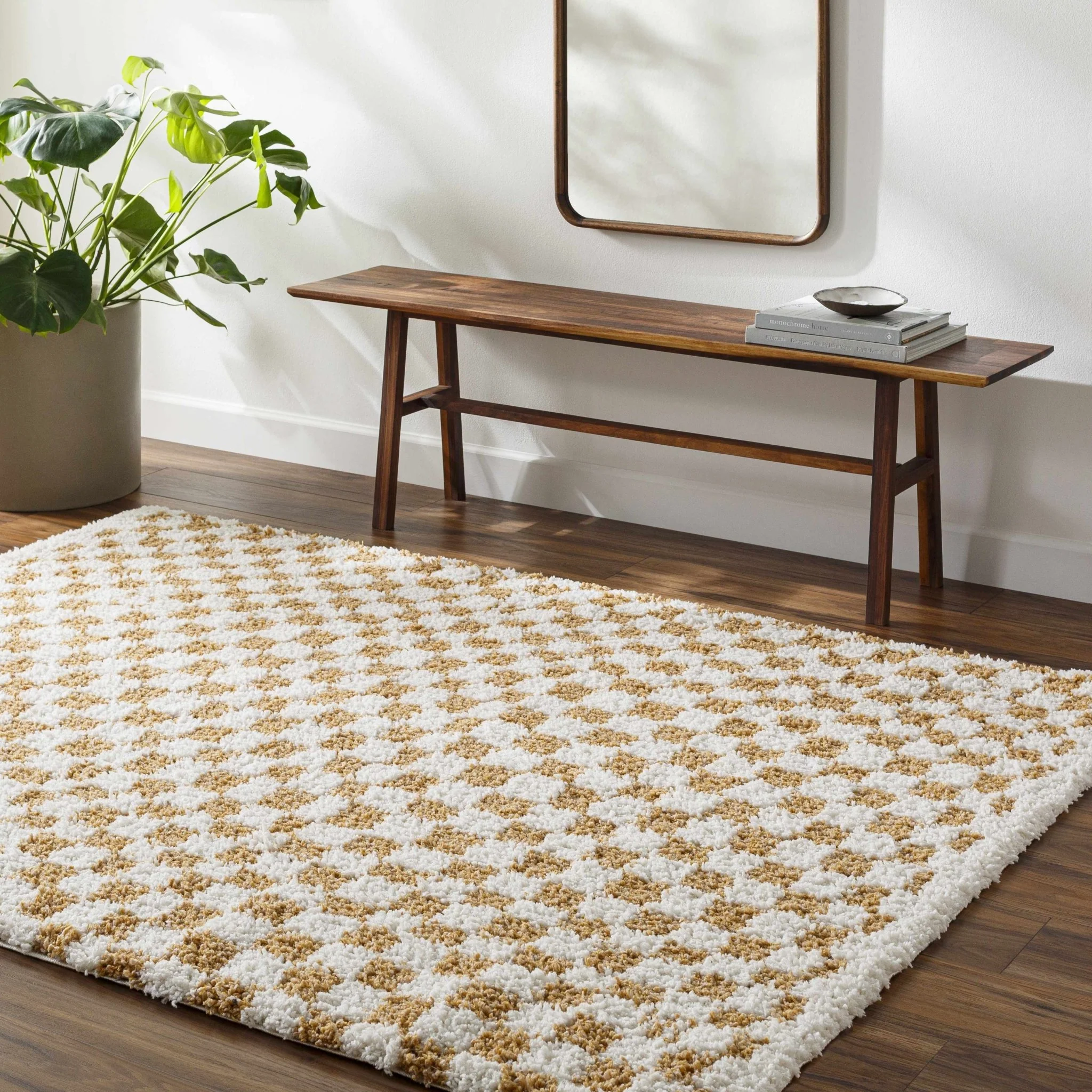 Modern Geometric checkered Plush Ivory Brown, White wool  Area Rug - Image 27