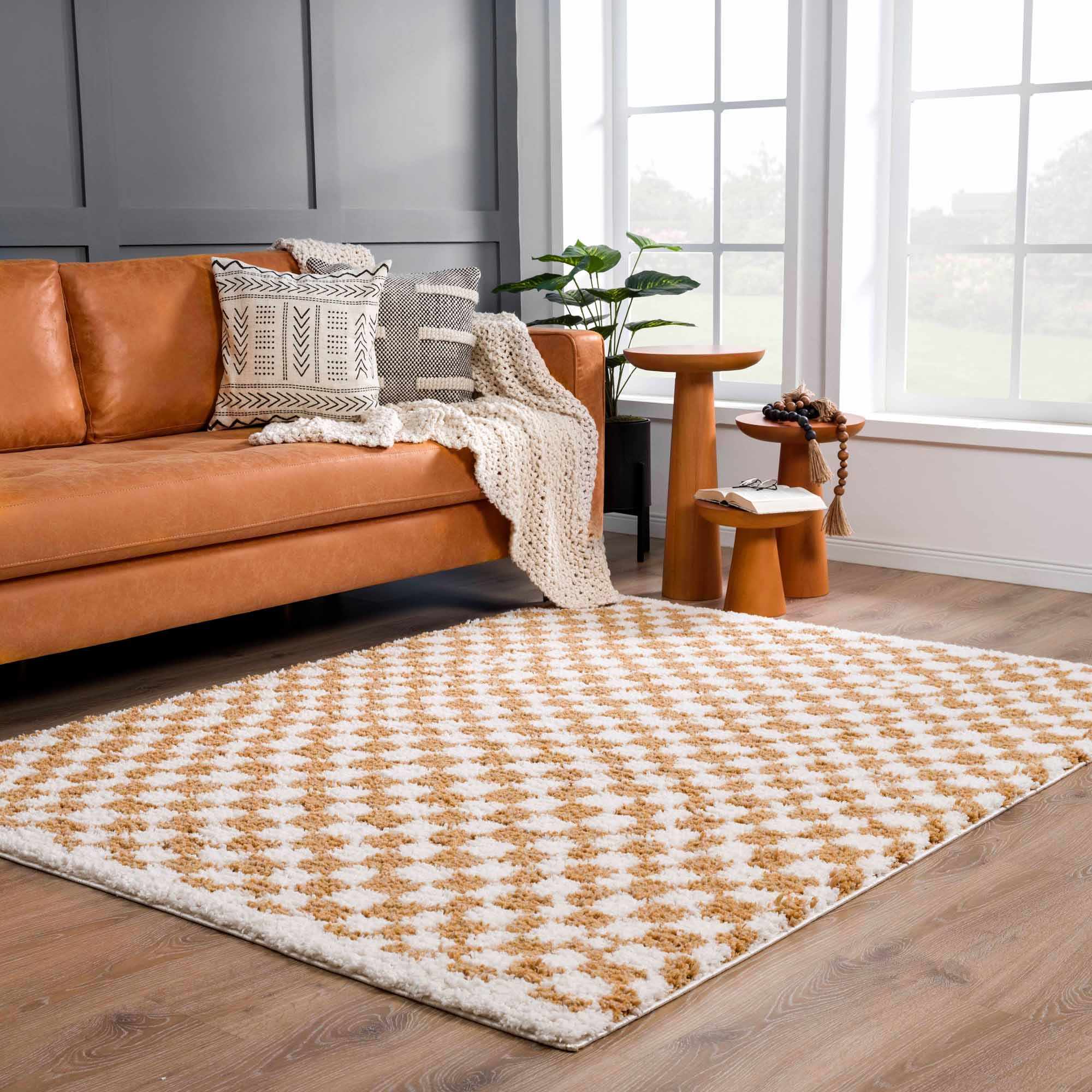 Modern Geometric checkered Plush Ivory Brown, White wool  Area Rug - Image 8