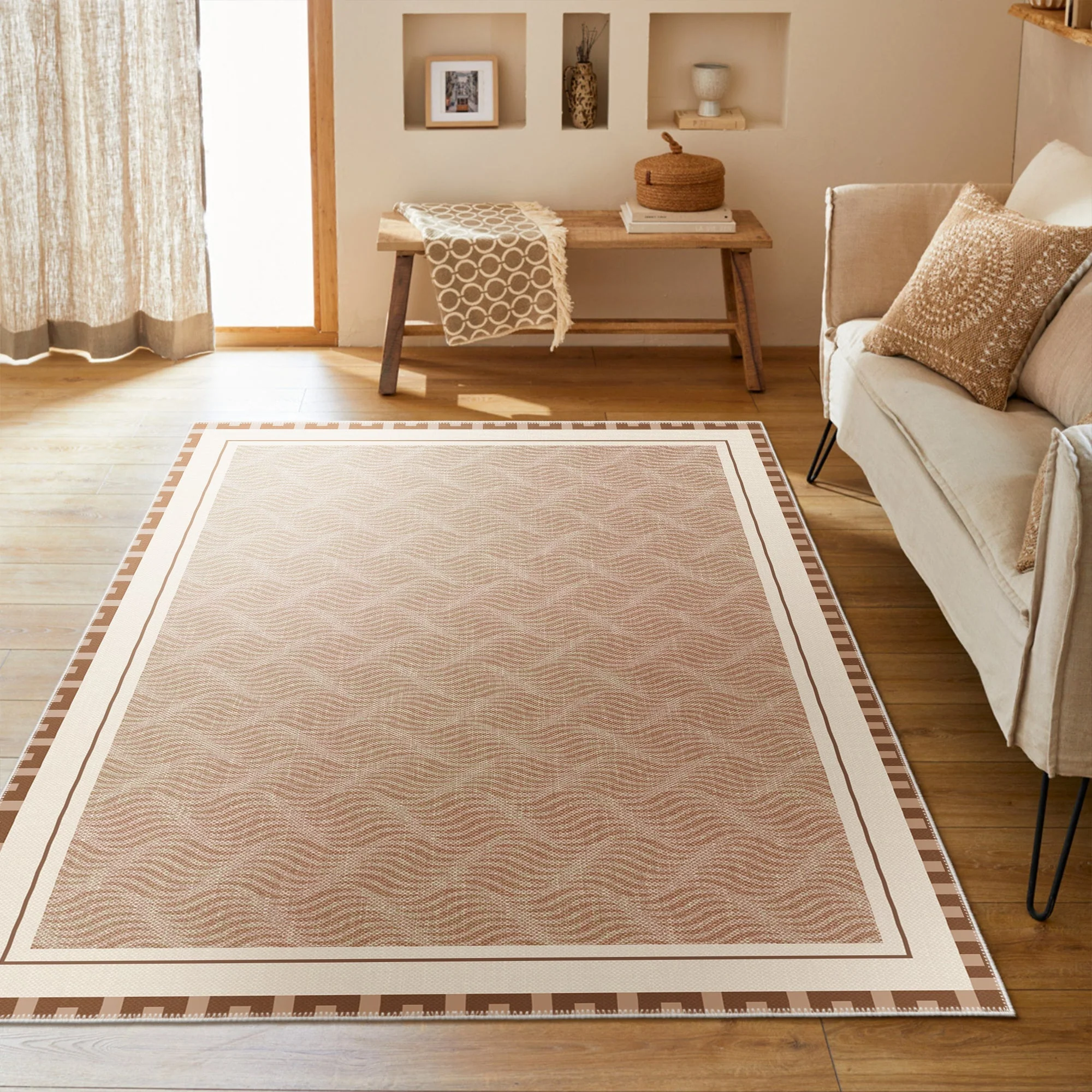 Lantern Design Beige Machine Washable Cotton Area Rug - Image 3