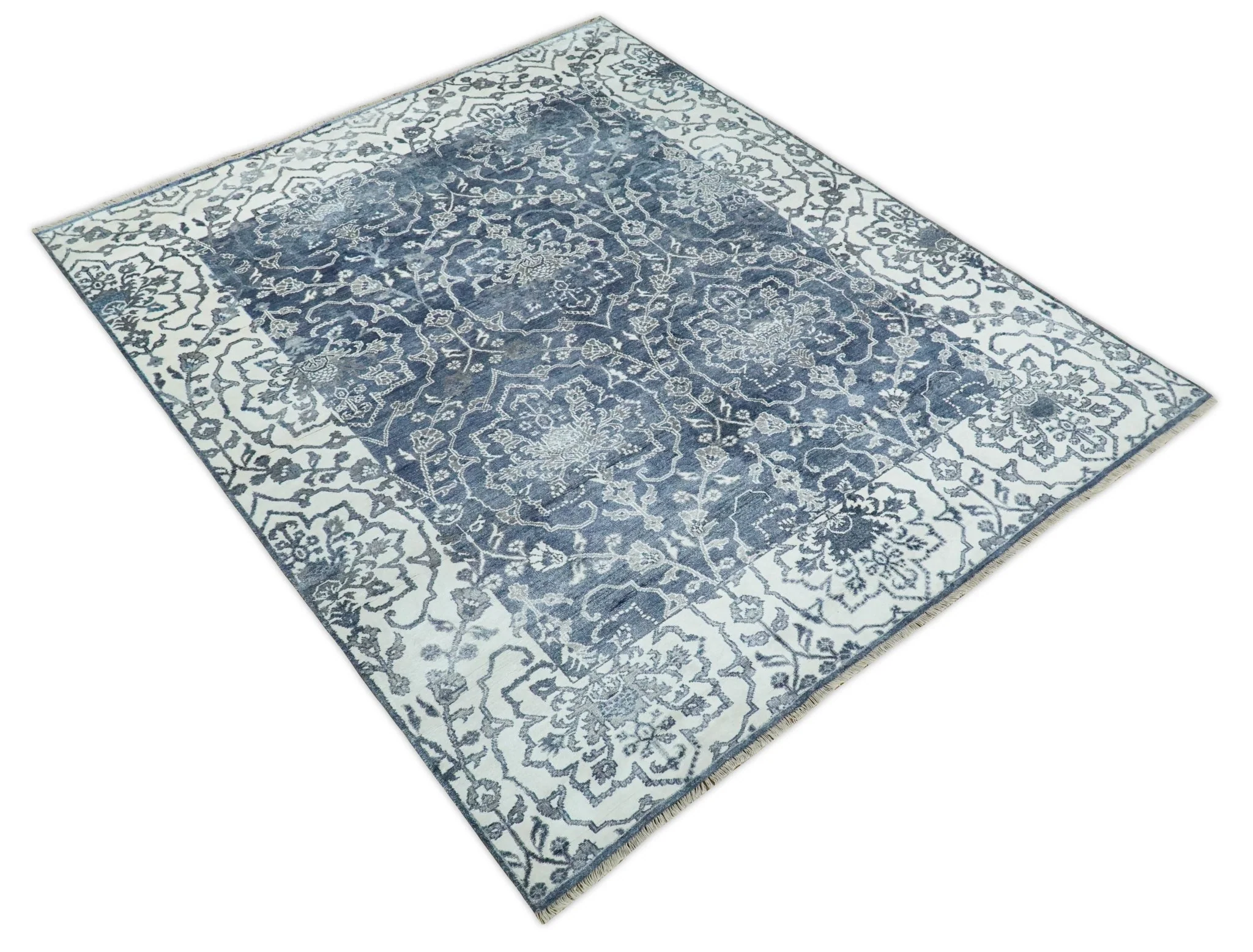 Large 8x10 Fine Hand Knotted Blue and Ivory Traditional Ikat Design Antique Floral Bamboo Silk Rug | TRDCP513810 - Image 4