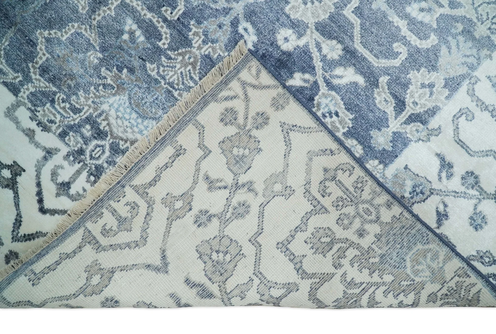 Large 8x10 Fine Hand Knotted Blue and Ivory Traditional Ikat Design Antique Floral Bamboo Silk Rug | TRDCP513810 - Image 6