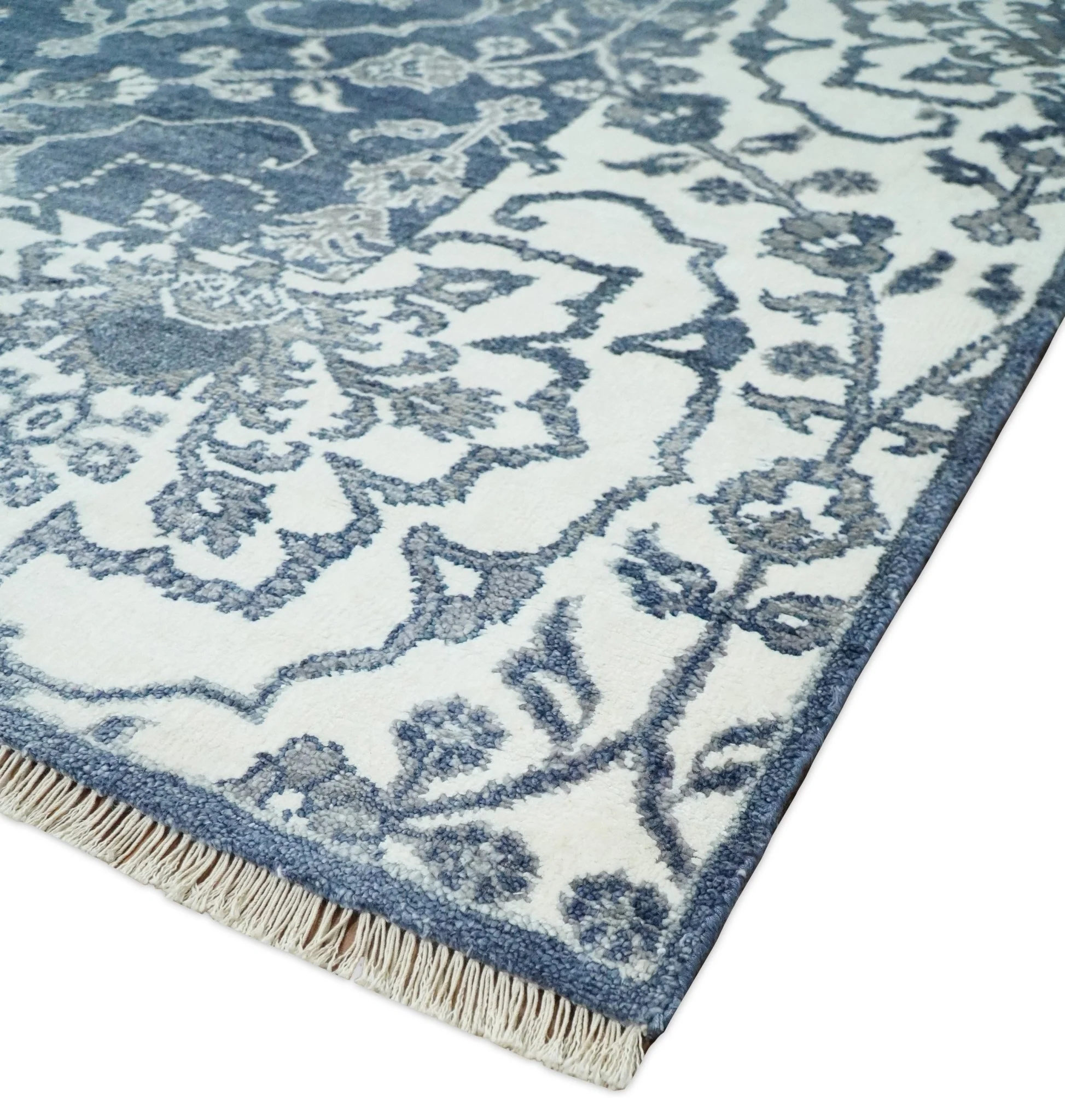 Large 8x10 Fine Hand Knotted Blue and Ivory Traditional Ikat Design Antique Floral Bamboo Silk Rug | TRDCP513810 - Image 8