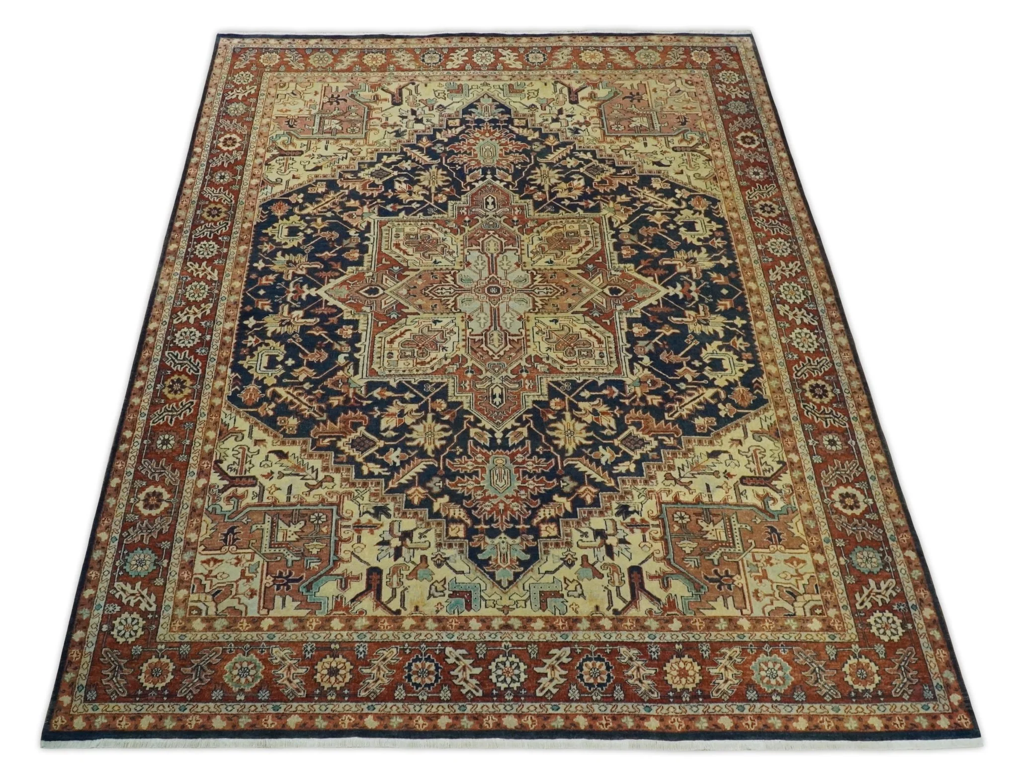Large 8x11 Fine Hand Knotted Blue and Rust Traditional Vintage Heriz Serapi Antique Wool Rug | TRDCP479811 - Image 11