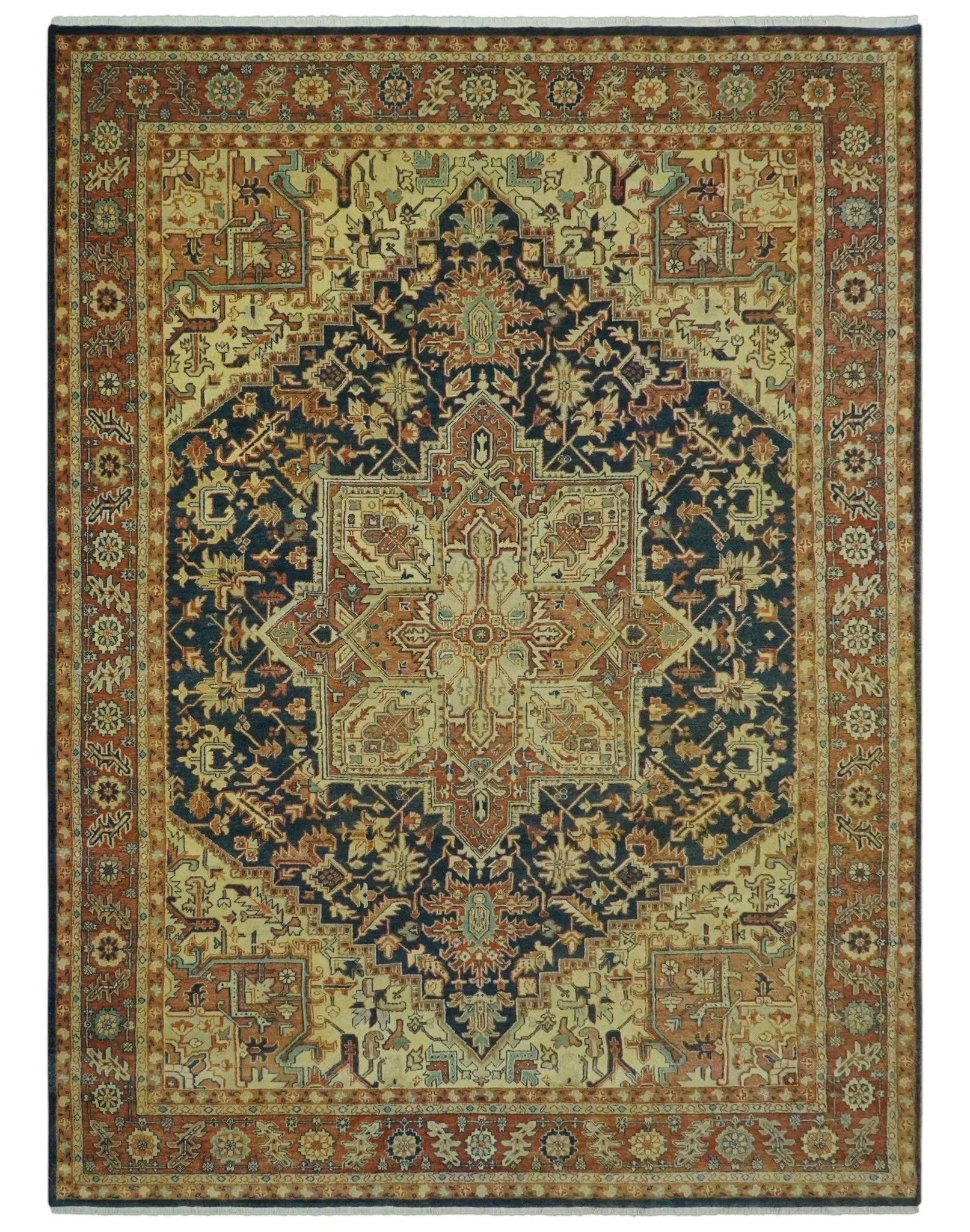 Large 8x11 Fine Hand Knotted Blue and Rust Traditional Vintage Heriz Serapi Antique Wool Rug | TRDCP479811 - Image 13