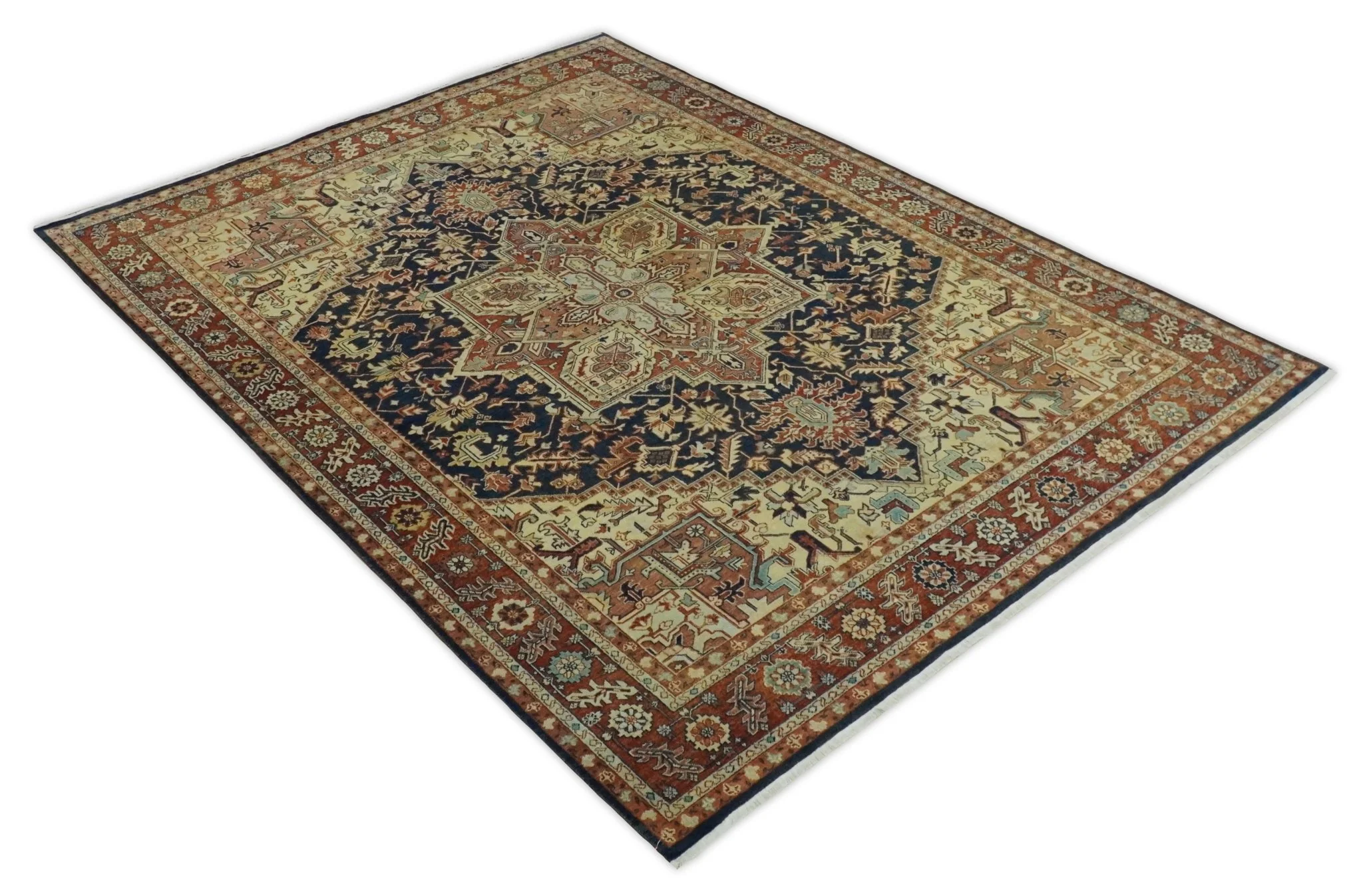 Large 8x11 Fine Hand Knotted Blue and Rust Traditional Vintage Heriz Serapi Antique Wool Rug | TRDCP479811 - Image 7