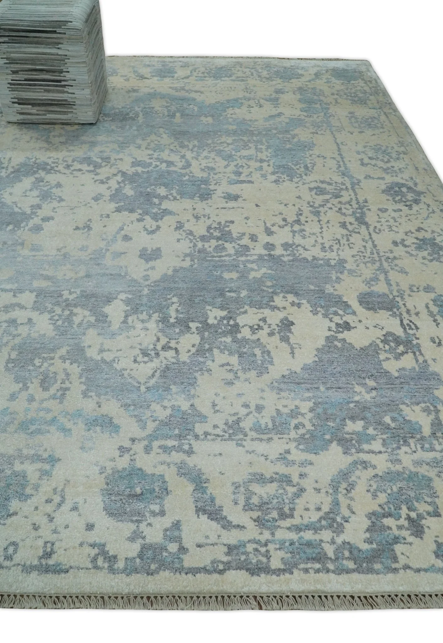 Large 8x10 Fine Hand Knotted charcoal, beige, and teal Abstract Traditional Persian Style Antique Bamboo Silk Rug | TRDCP501810 - Image 3
