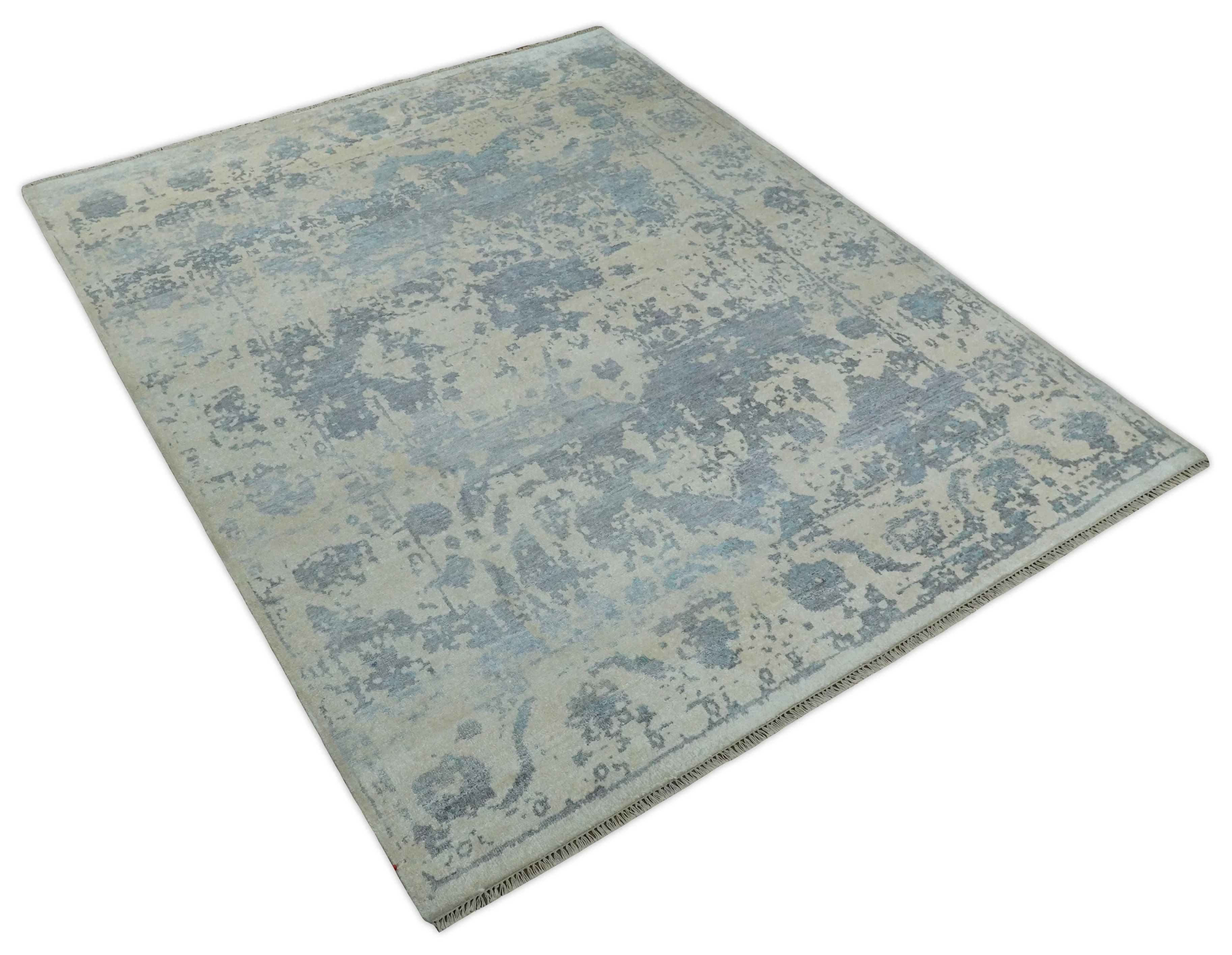 Large 8x10 Fine Hand Knotted charcoal, beige, and teal Abstract Traditional Persian Style Antique Bamboo Silk Rug | TRDCP501810 - Image 5