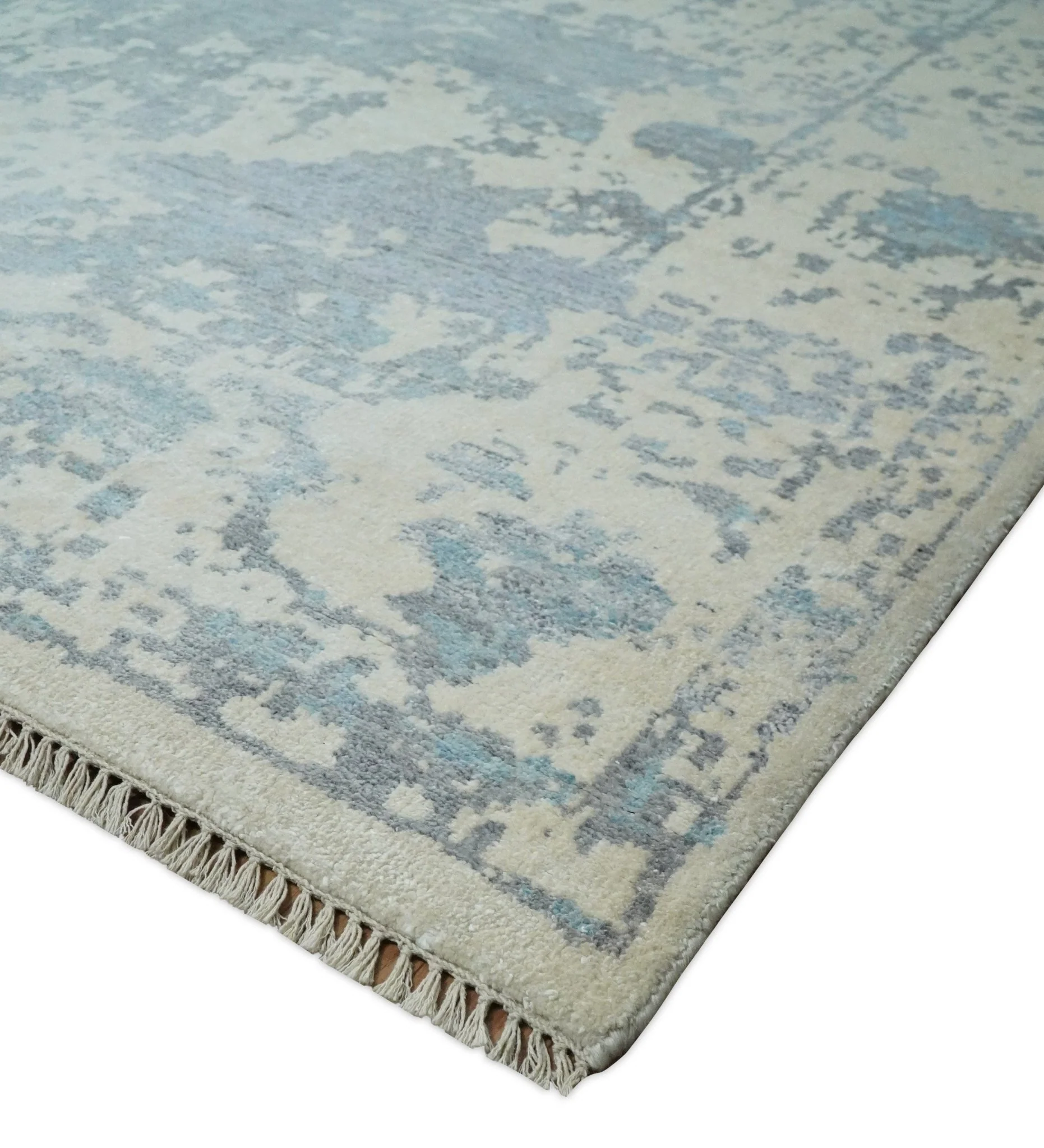 Large 8x10 Fine Hand Knotted charcoal, beige, and teal Abstract Traditional Persian Style Antique Bamboo Silk Rug | TRDCP501810 - Image 9