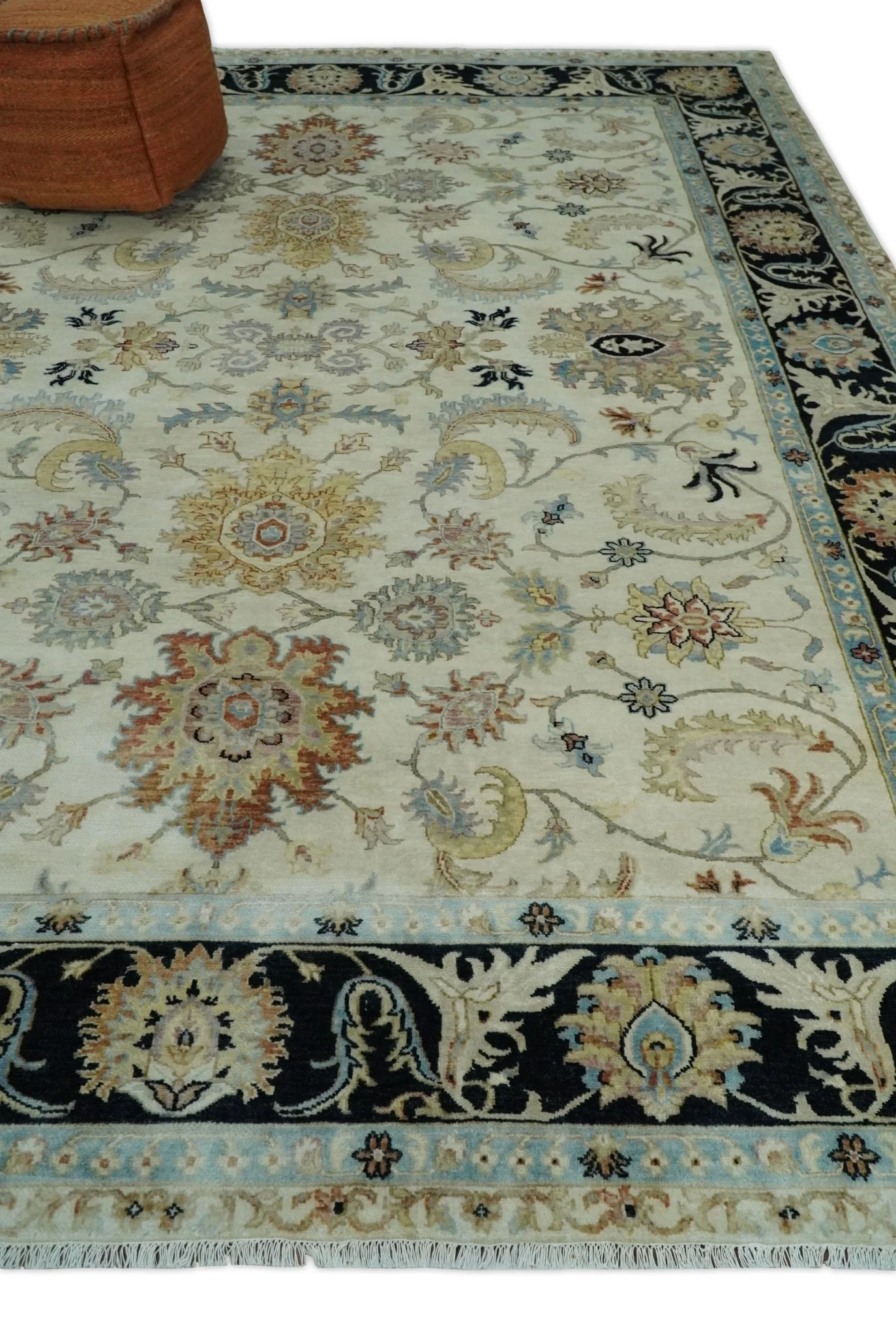Large 9x12 Fine Hand Knotted Ivory and Black Traditional Vintage Persian Style Mahal Antique Wool Rug | TRDCP452912 - Image 3