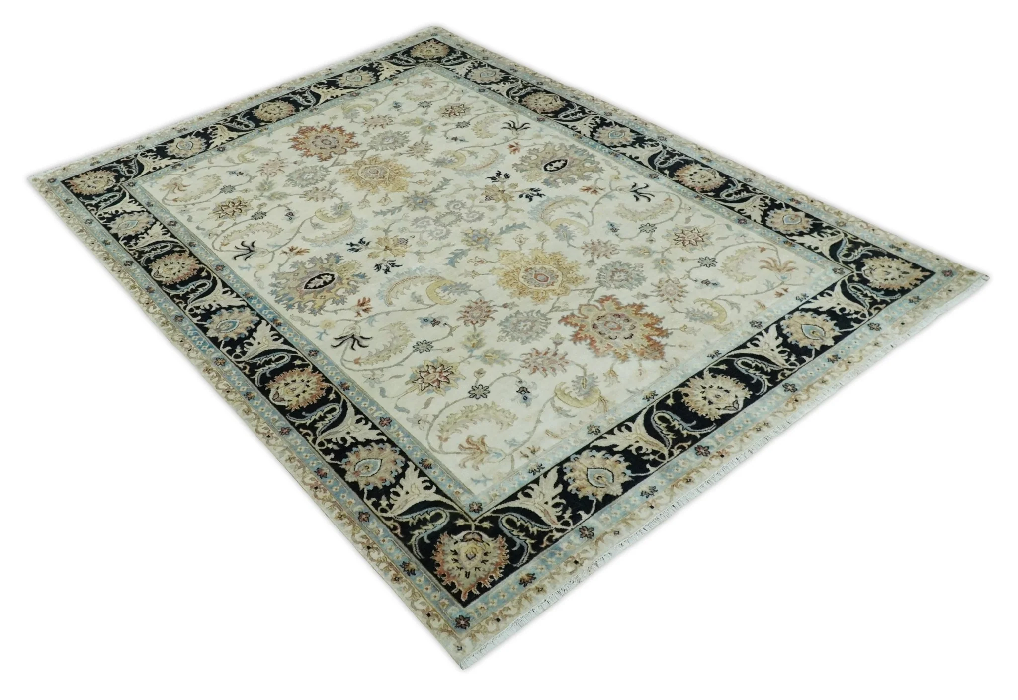 Large 9x12 Fine Hand Knotted Ivory and Black Traditional Vintage Persian Style Mahal Antique Wool Rug | TRDCP452912 - Image 4