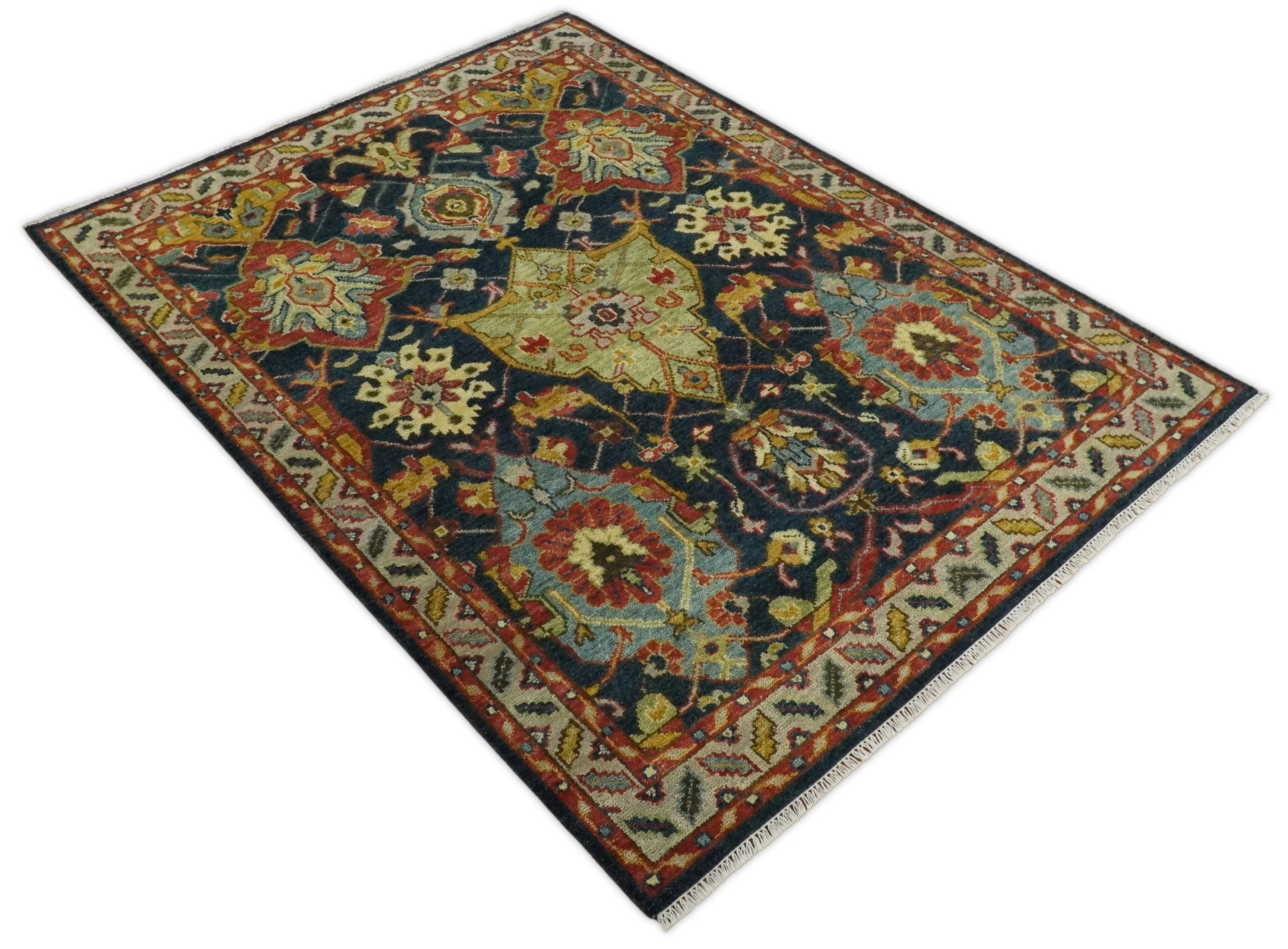Traditional Large Design Blue, Rust and Gold Hand Knotted Oushak Multi Size wool Area Rug - Image 4