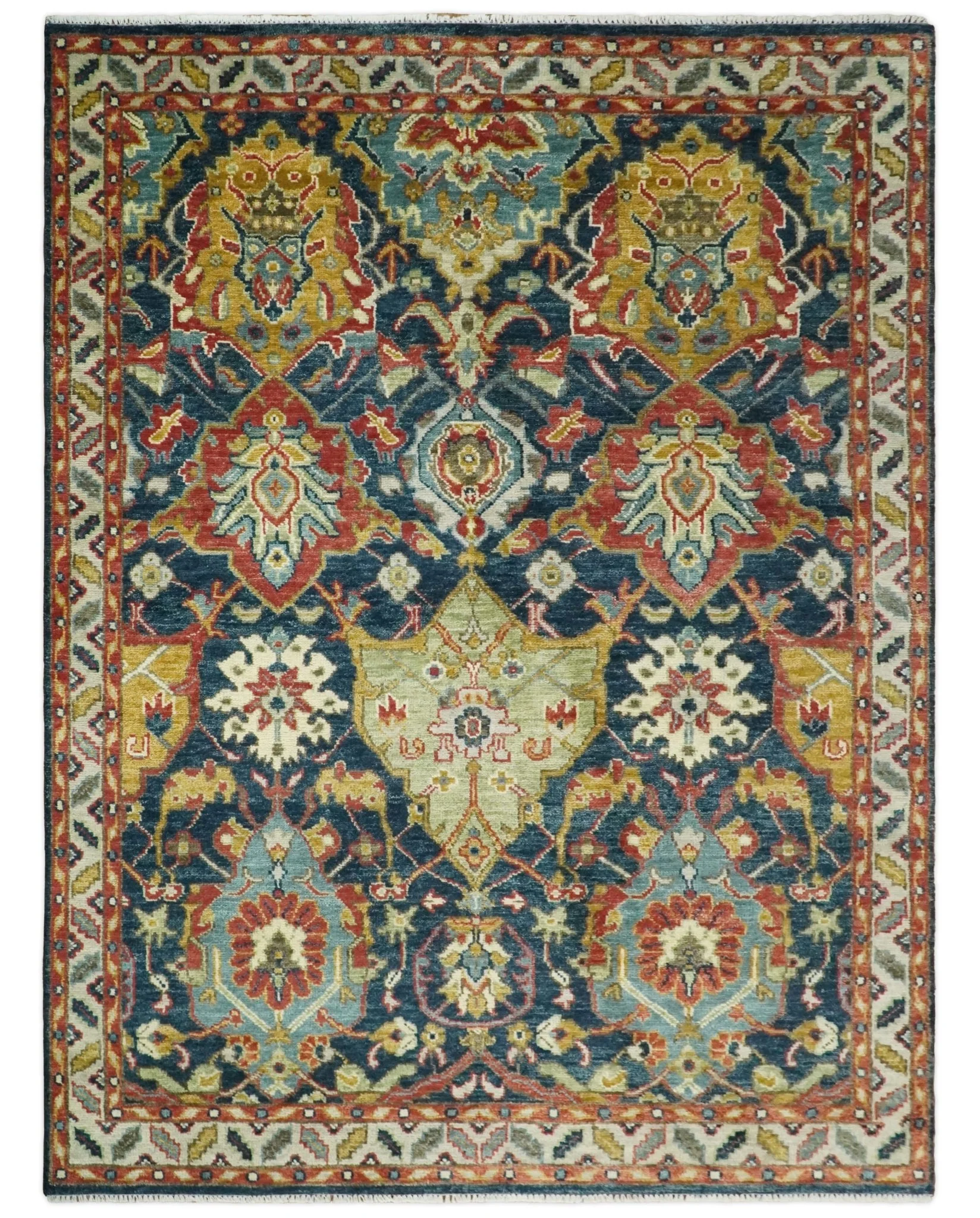 Traditional Large Design Blue, Rust and Gold Hand Knotted Oushak Multi Size wool Area Rug - Image 9