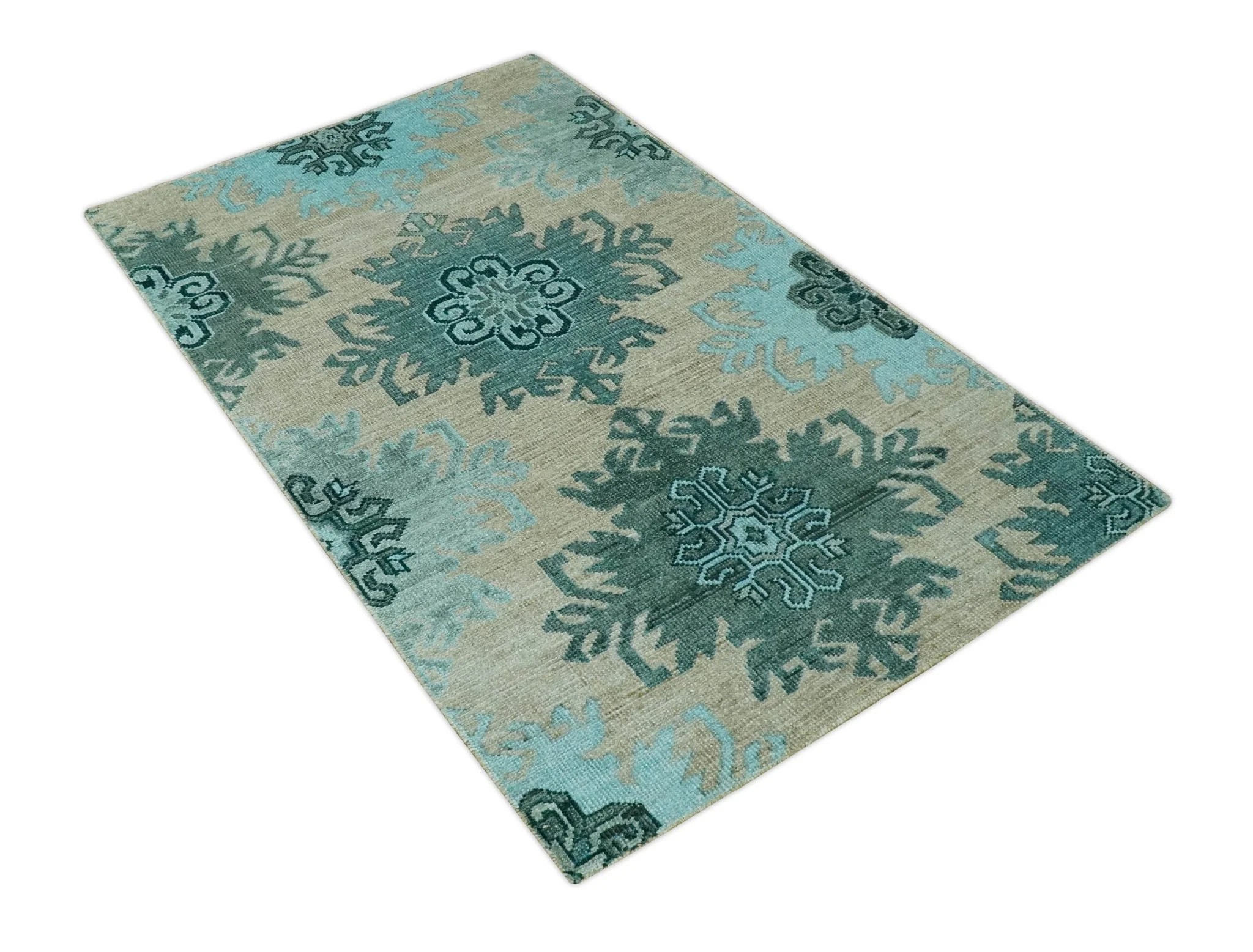Traditional Large Design 5x8 Beige, Teal and Aqua Hand knotted wool area rug - Image 9