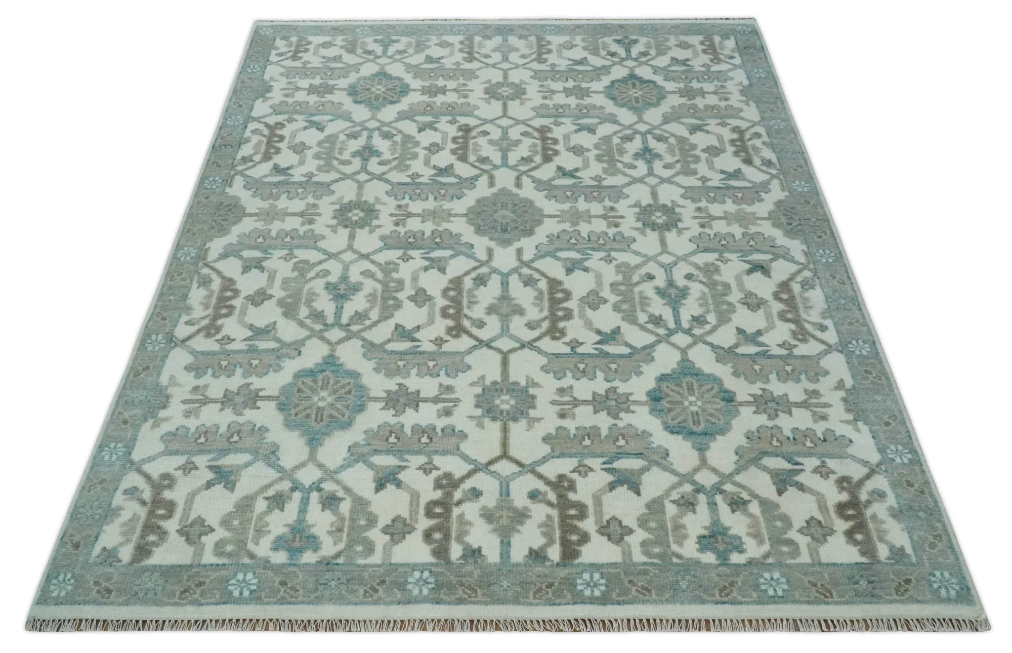 Hand Knotted Ivory and Teal 8x10 and 11x11 Square Oushak Wool Area Rug - Image 10
