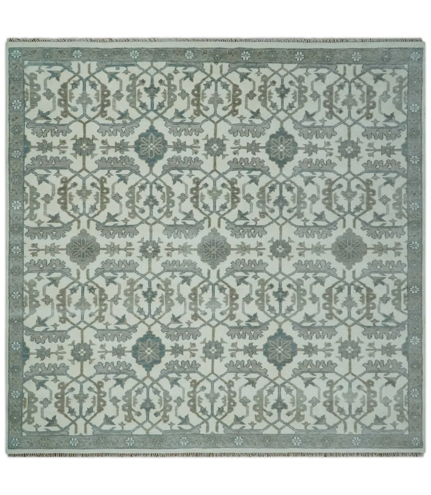 Hand Knotted Ivory and Teal 8x10 and 11x11 Square Oushak Wool Area Rug - Image 11