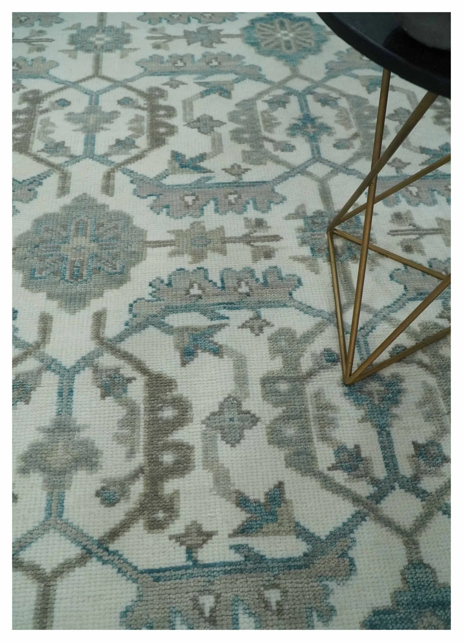 Hand Knotted Ivory and Teal 8x10 and 11x11 Square Oushak Wool Area Rug - Image 2