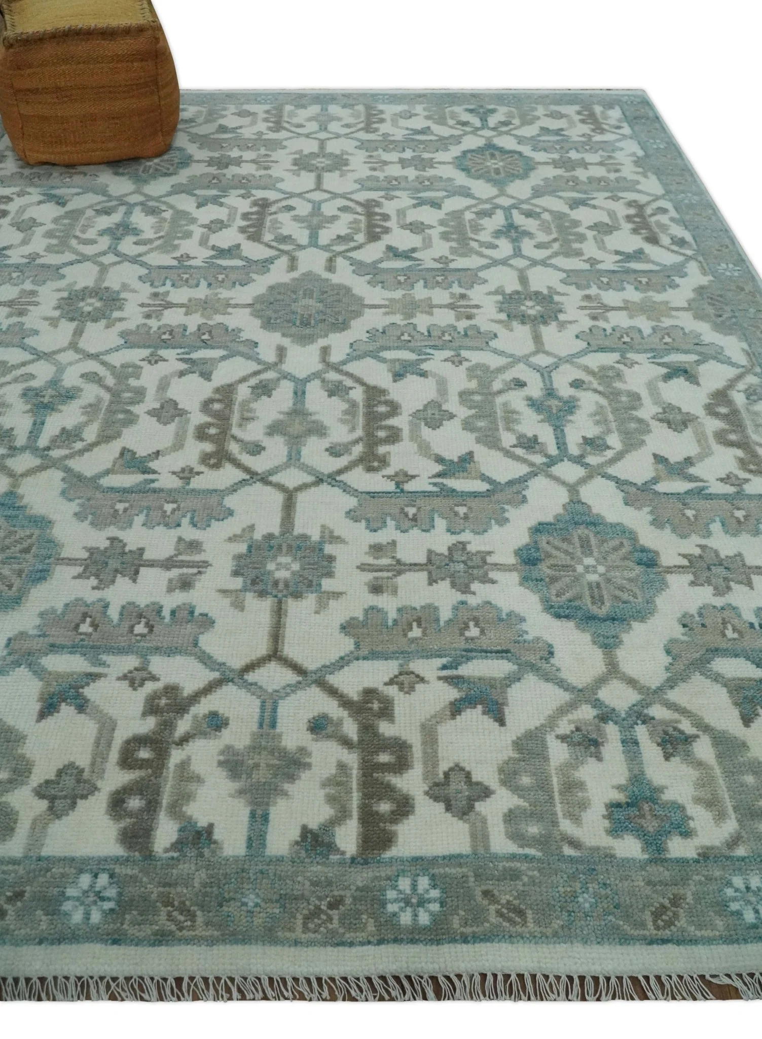 Hand Knotted Ivory and Teal 8x10 and 11x11 Square Oushak Wool Area Rug - Image 3