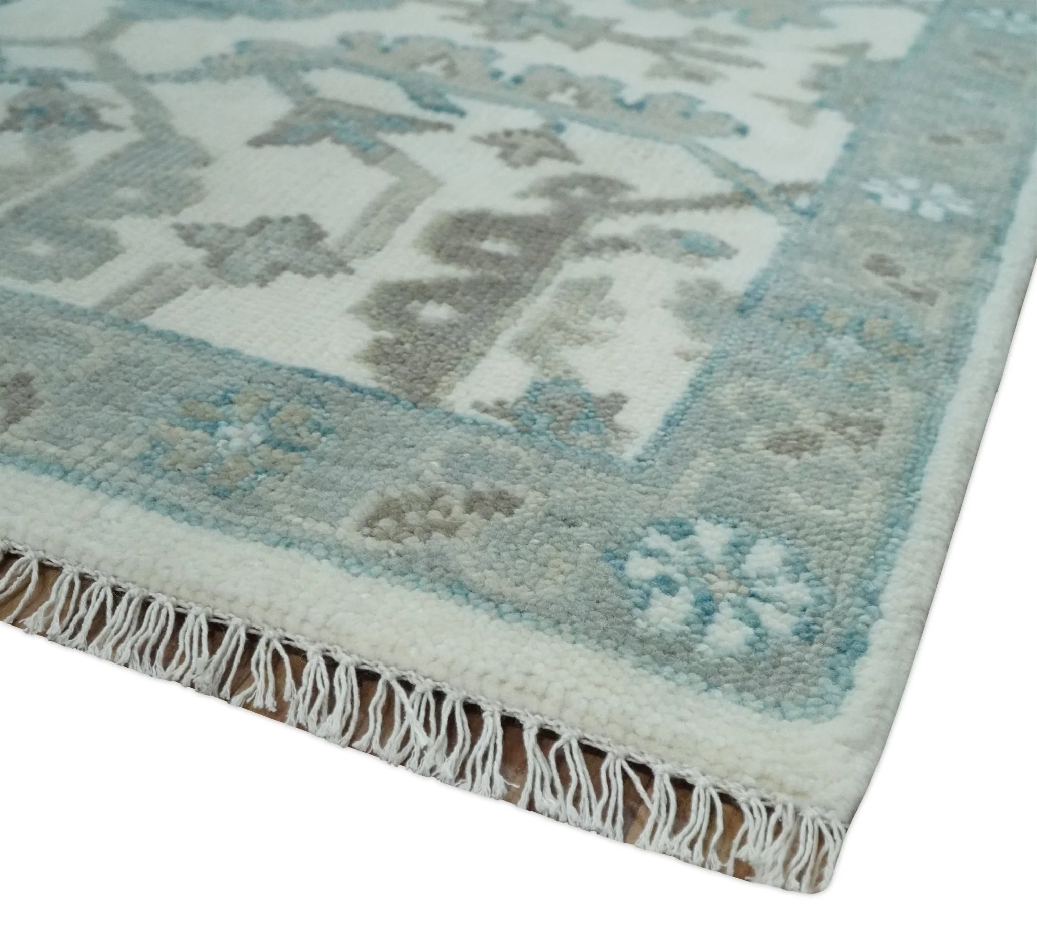 Hand Knotted Ivory and Teal 8x10 and 11x11 Square Oushak Wool Area Rug - Image 5