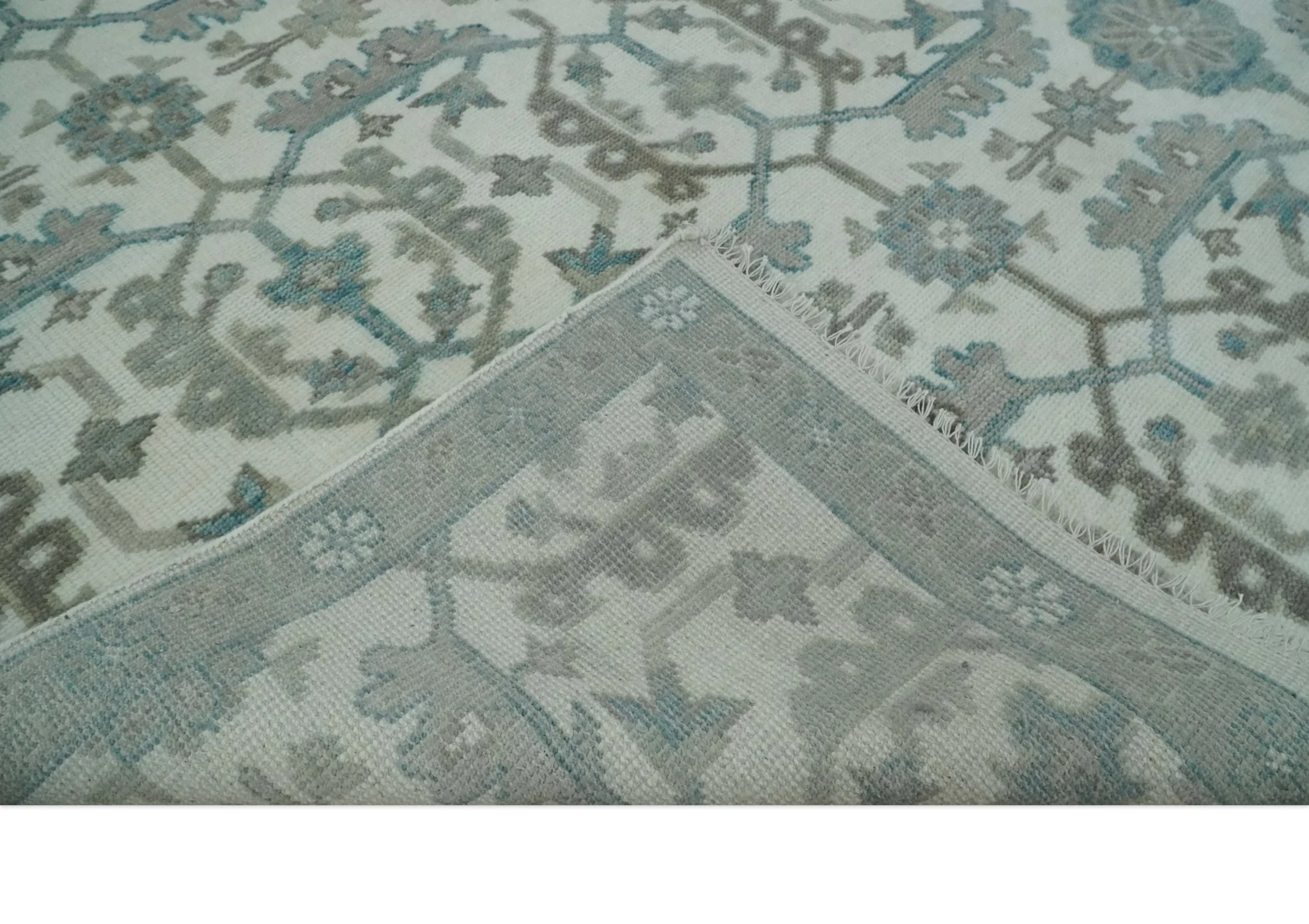 Hand Knotted Ivory and Teal 8x10 and 11x11 Square Oushak Wool Area Rug - Image 7