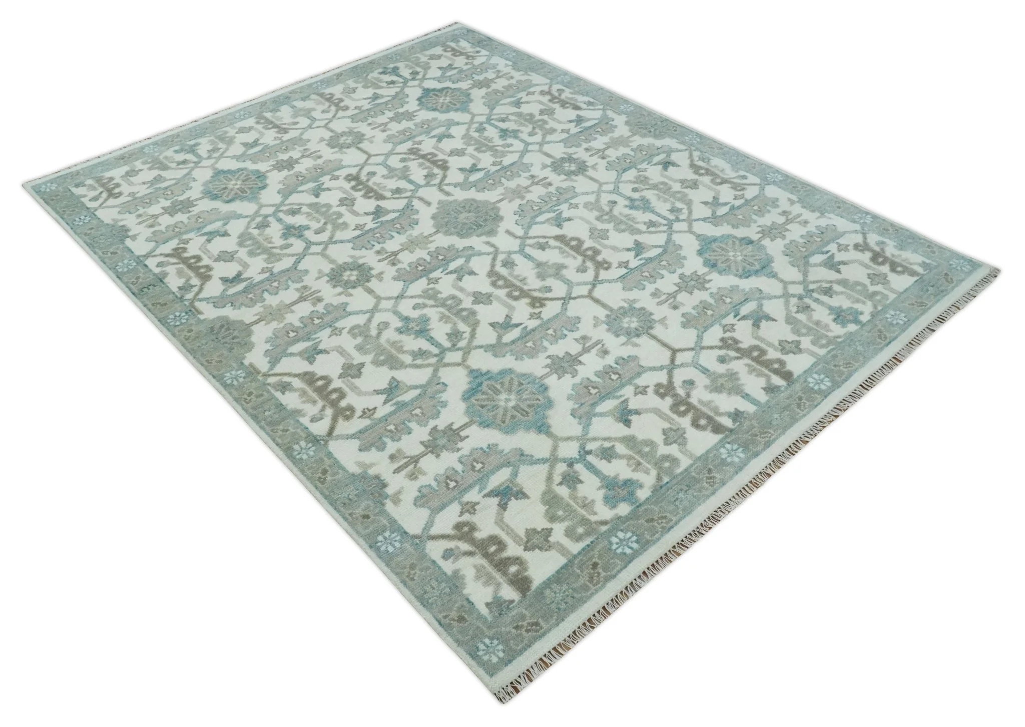 Hand Knotted Ivory and Teal 8x10 and 11x11 Square Oushak Wool Area Rug - Image 9