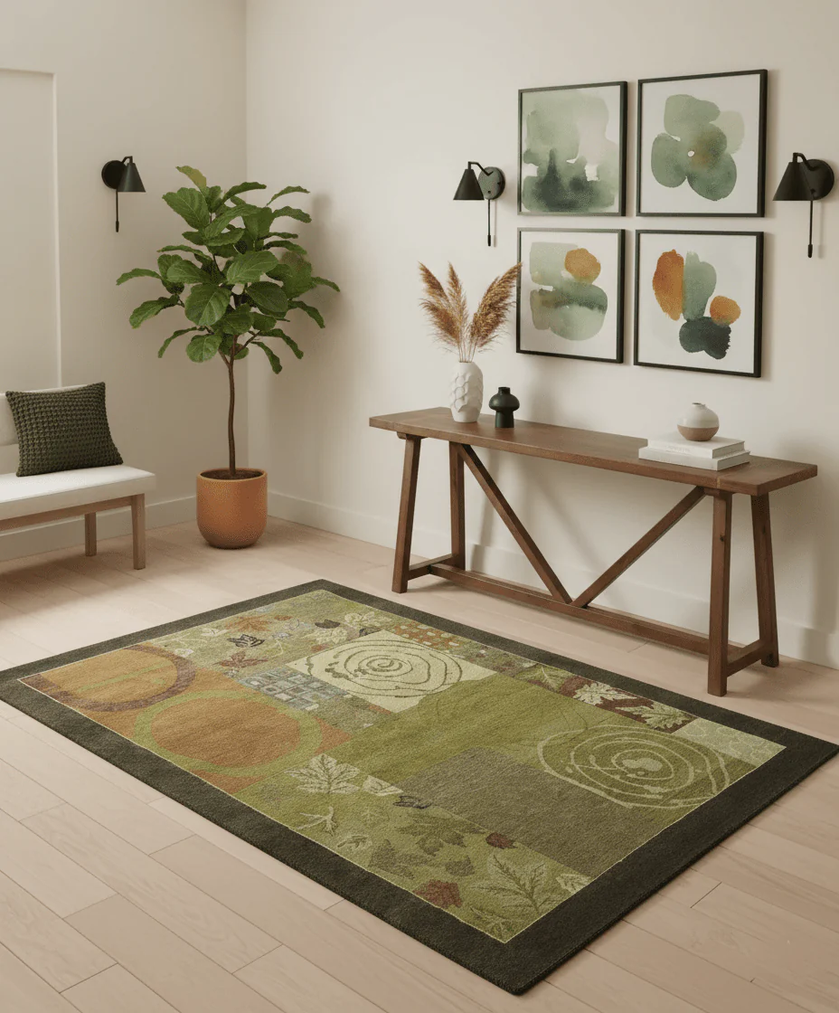 Mainstays Traditional Leaf Block Print Olive, Beige, Rust and Brown 6x8 Indoor wool Area Rug - Image 2