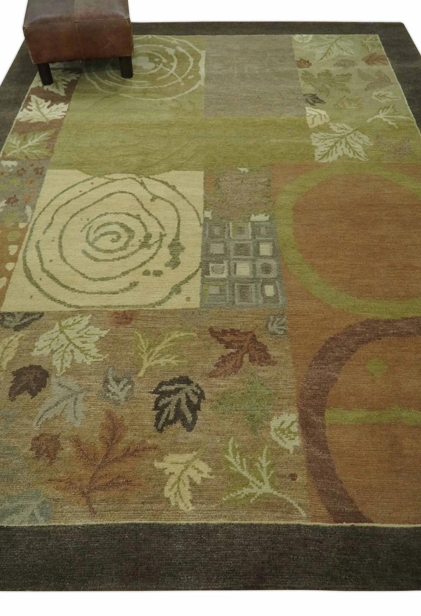 Mainstays Traditional Leaf Block Print Olive, Beige, Rust and Brown 6x8 Indoor wool Area Rug - Image 4