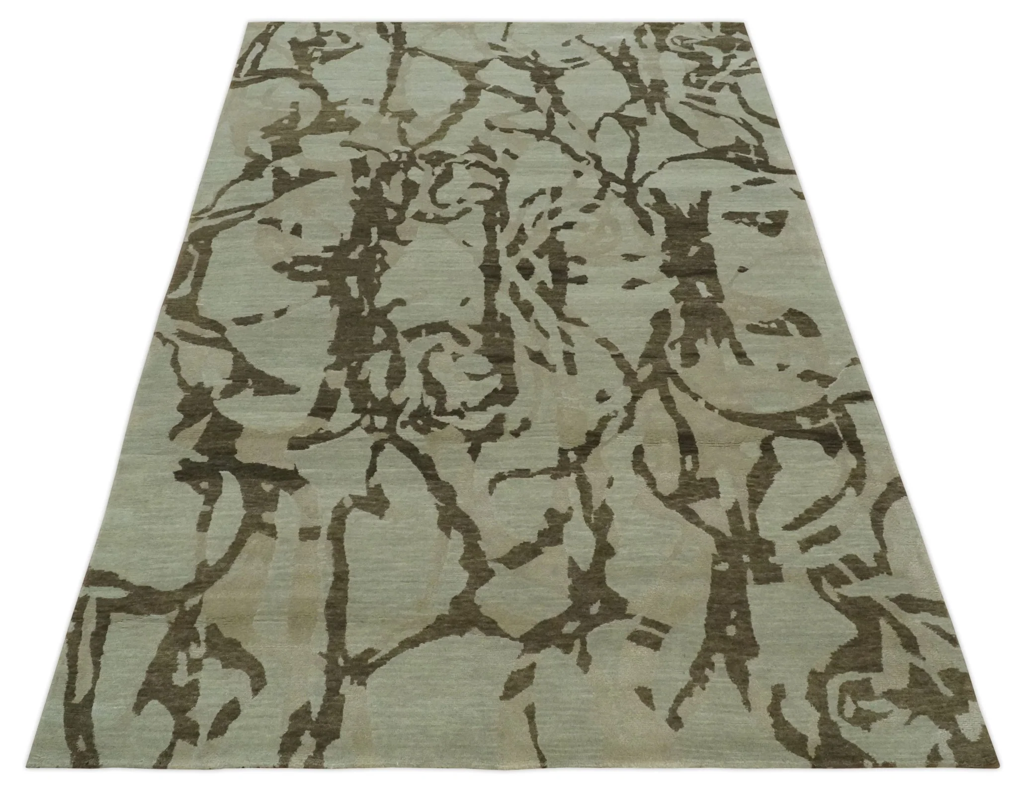 Light and Dark olive Modern Abstract 5x8 Hand Knotted Wool and Silk Area Rug - Image 10