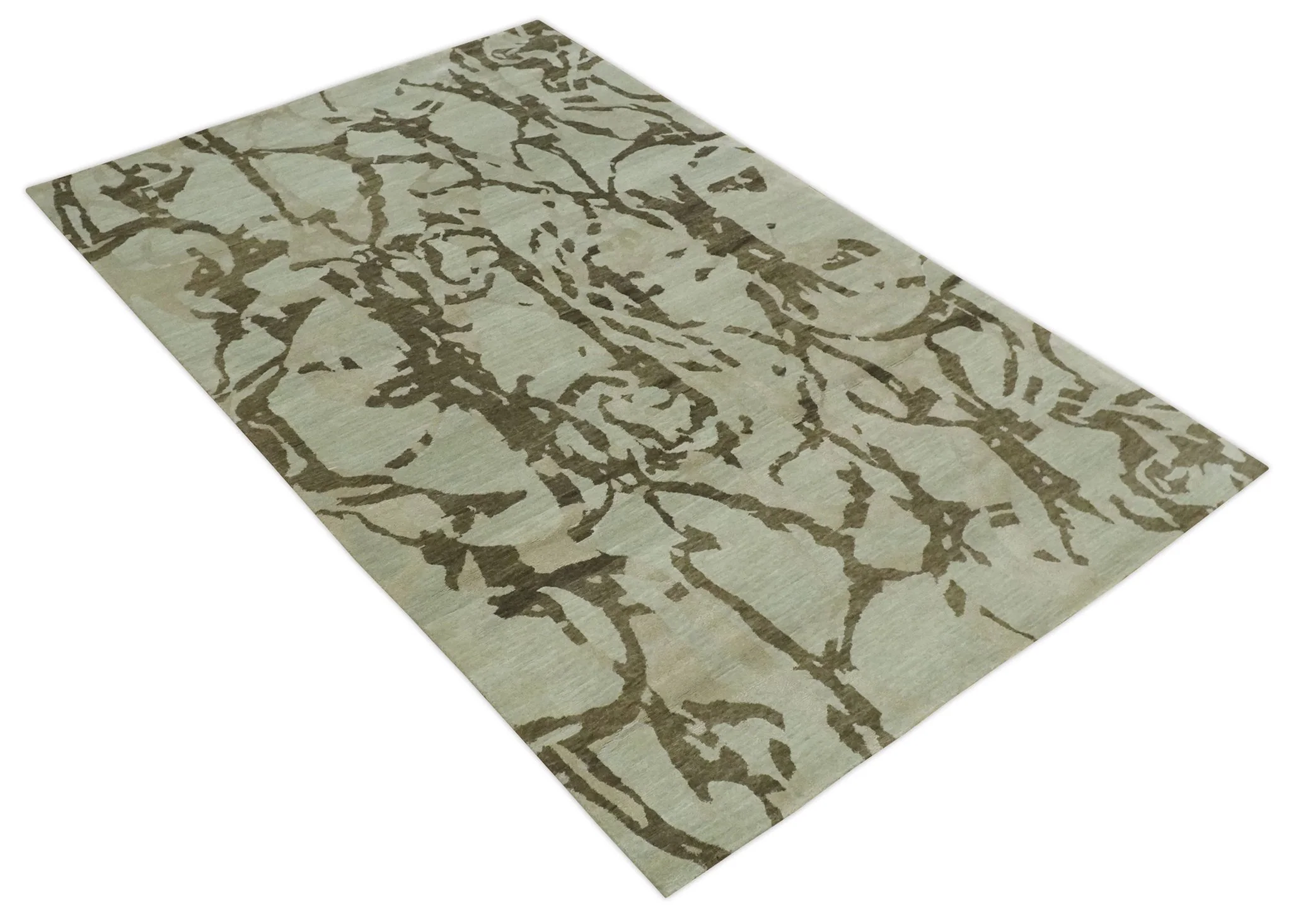 Light and Dark olive Modern Abstract 5x8 Hand Knotted Wool and Silk Area Rug - Image 9