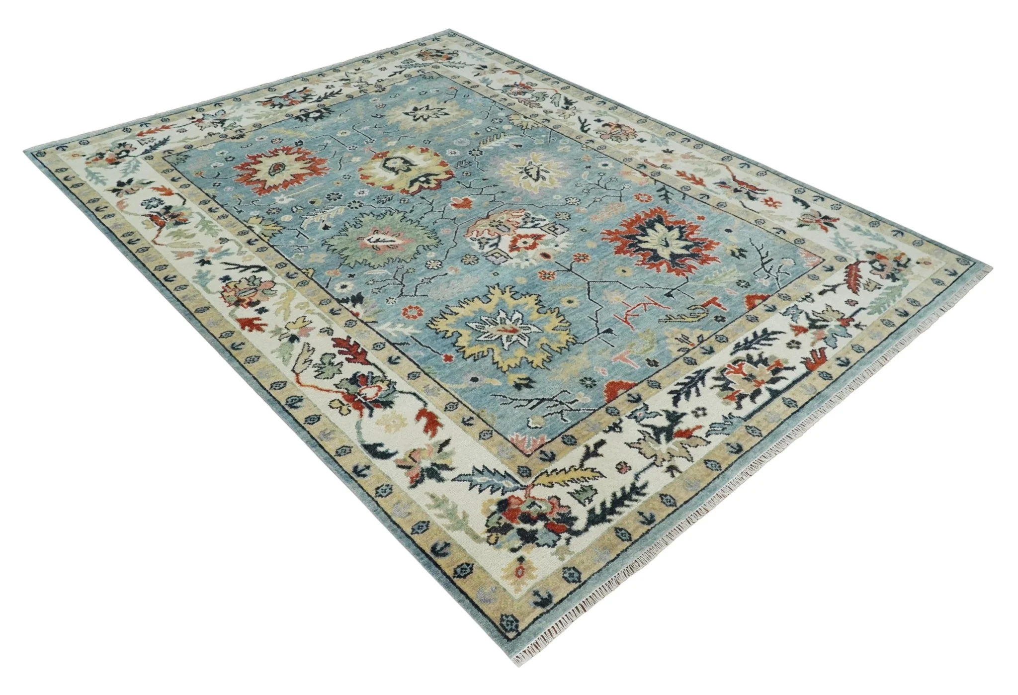 Light Blue and Ivory hand knotted Vibrant colorful Traditional Oushak Wool Area Rug - Image 9