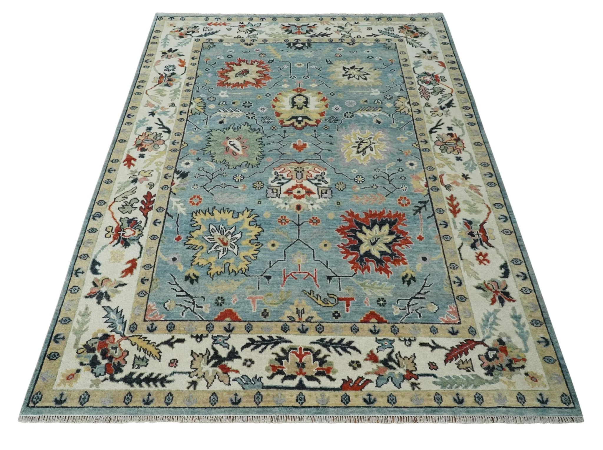 Light Blue and Ivory hand knotted 8.10x11.8 Vibrant colorful Traditional Oushak Wool Area Rug - Image 10