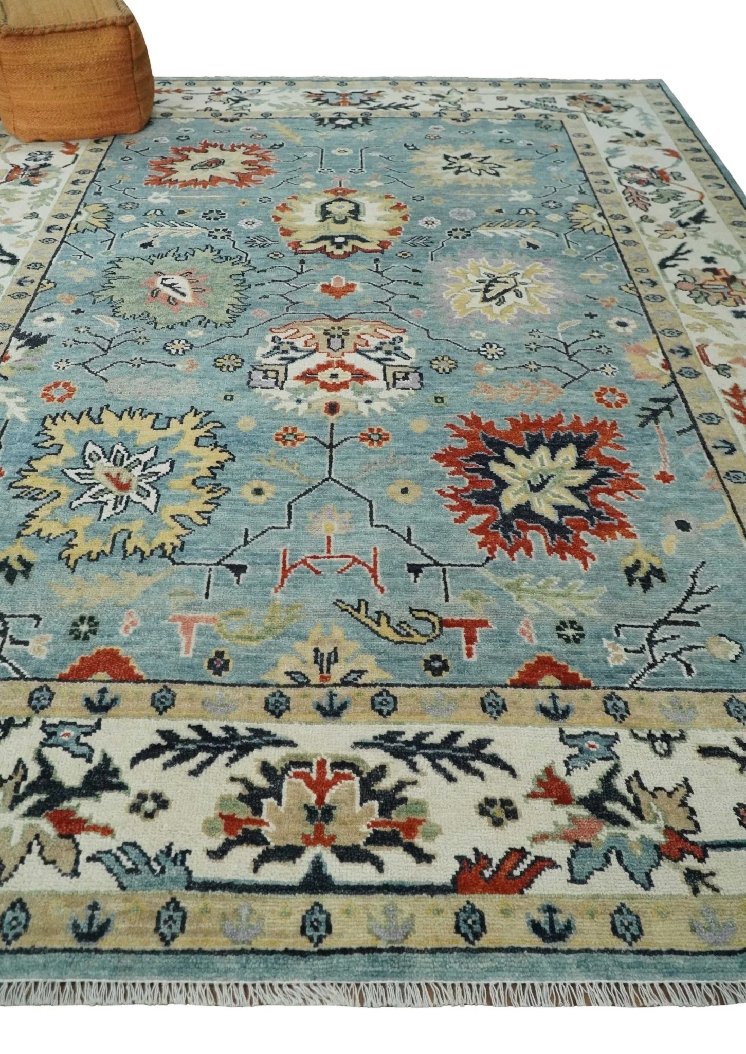 Light Blue and Ivory hand knotted 8.10x11.8 Vibrant colorful Traditional Oushak Wool Area Rug - Image 3