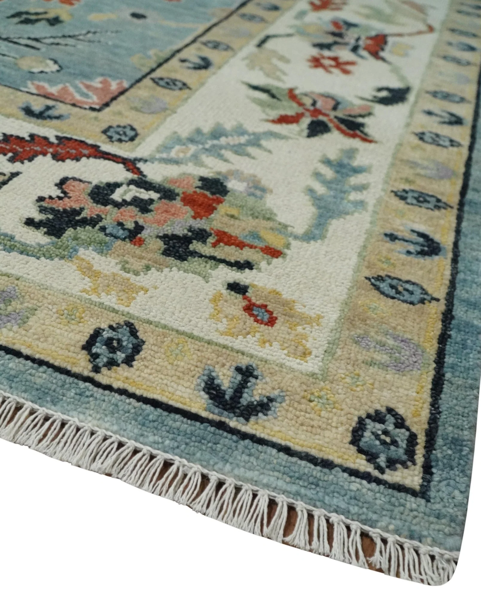 Light Blue and Ivory hand knotted 8.10x11.8 Vibrant colorful Traditional Oushak Wool Area Rug - Image 5