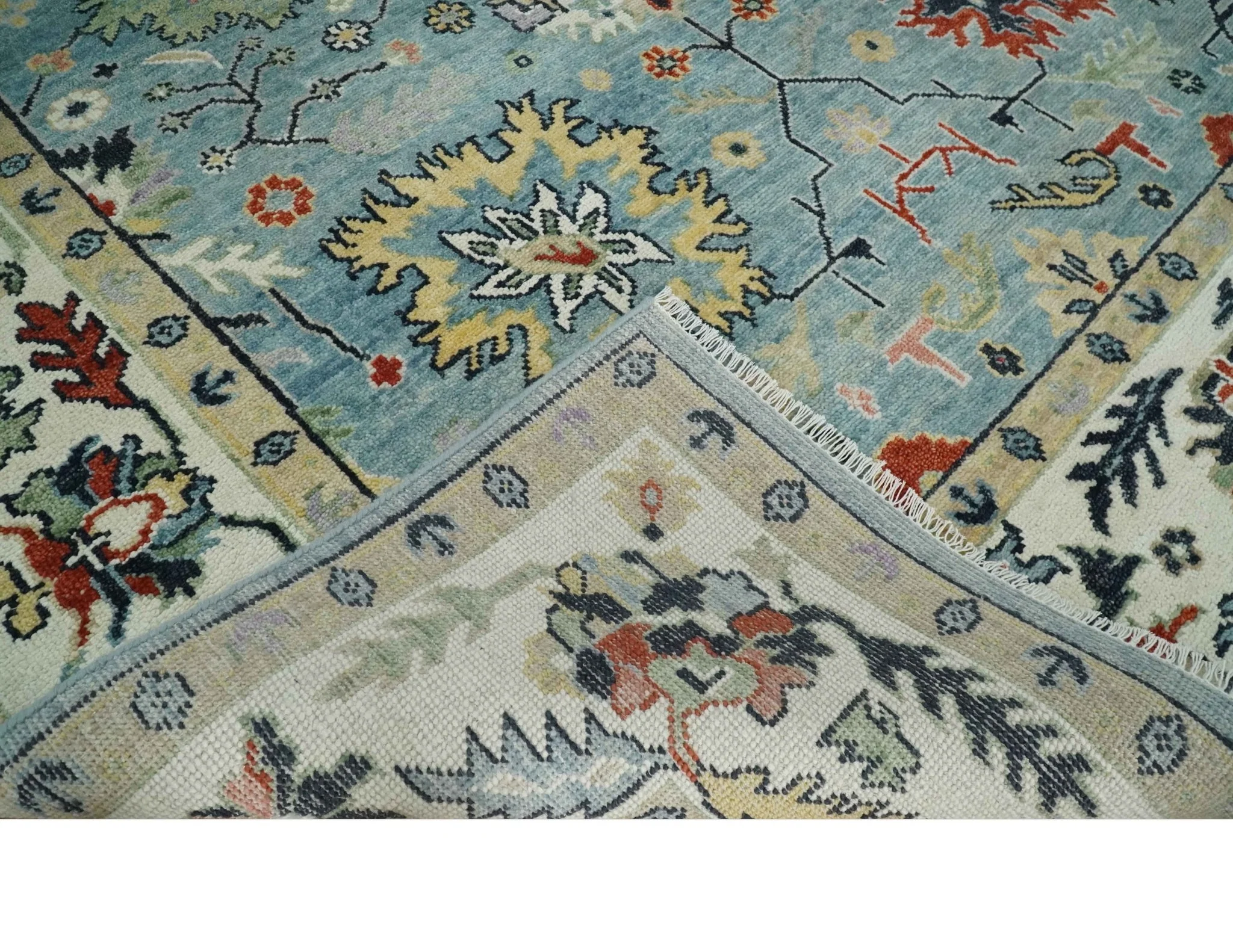 Light Blue and Ivory hand knotted 8.10x11.8 Vibrant colorful Traditional Oushak Wool Area Rug - Image 6