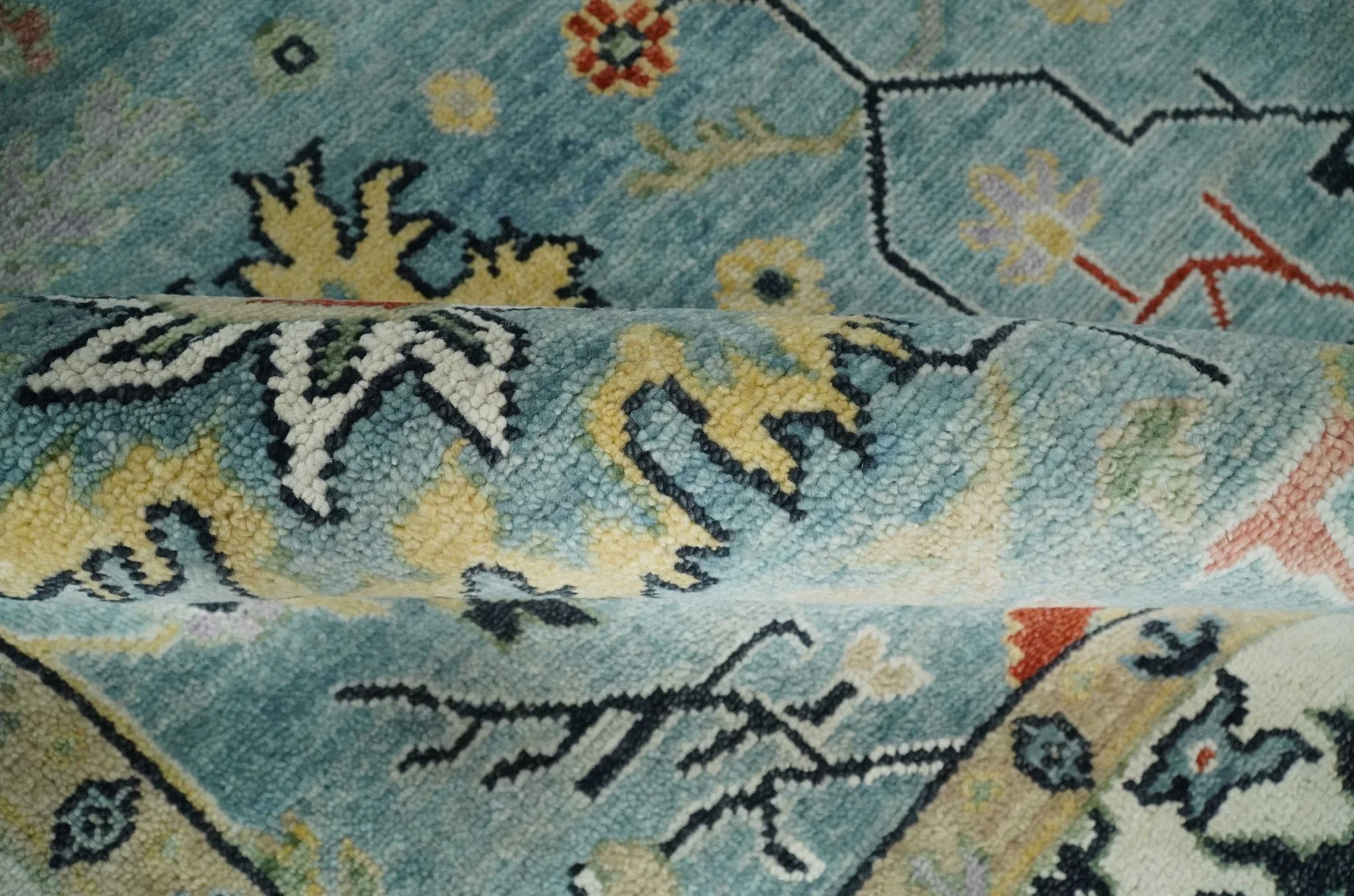 Light Blue and Ivory hand knotted 8.10x11.8 Vibrant colorful Traditional Oushak Wool Area Rug - Image 8