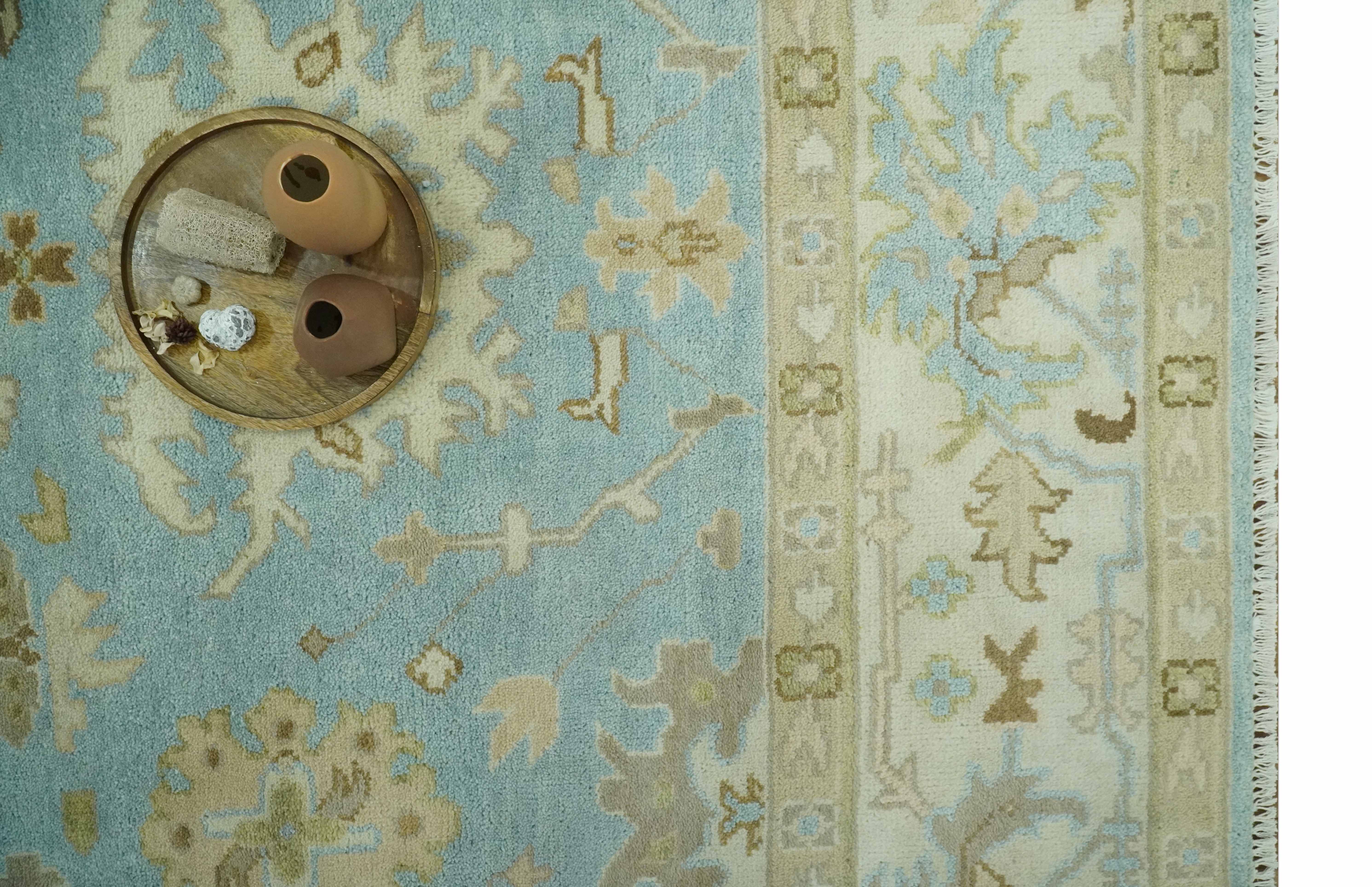 Light Blue, Beige and Ivory Hand knotted 8x10 Traditional Oriental Oushak wool rug - Image 10