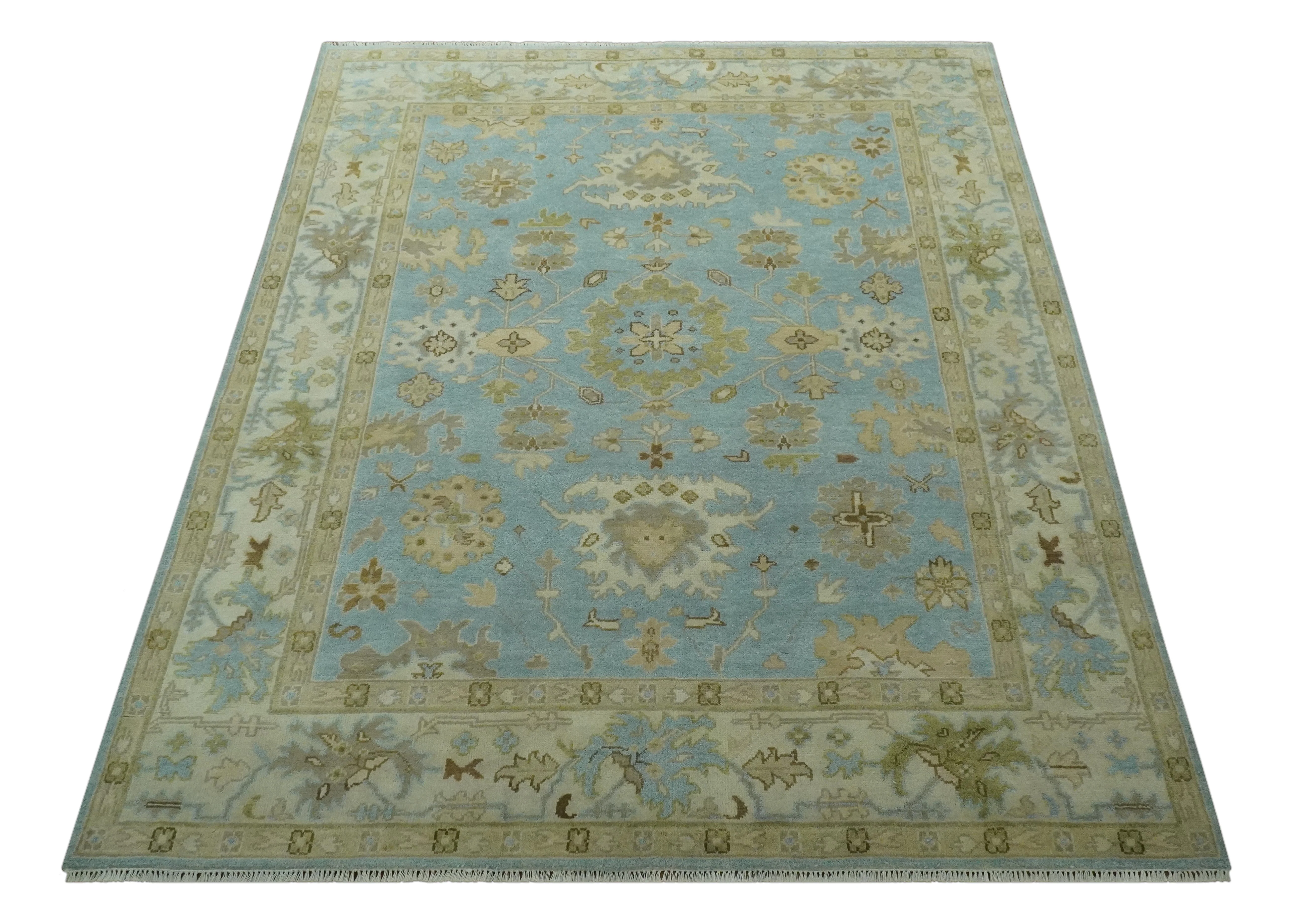 Light Blue, Beige and Ivory Hand knotted 8x10 Traditional Oriental Oushak wool rug - Image 12