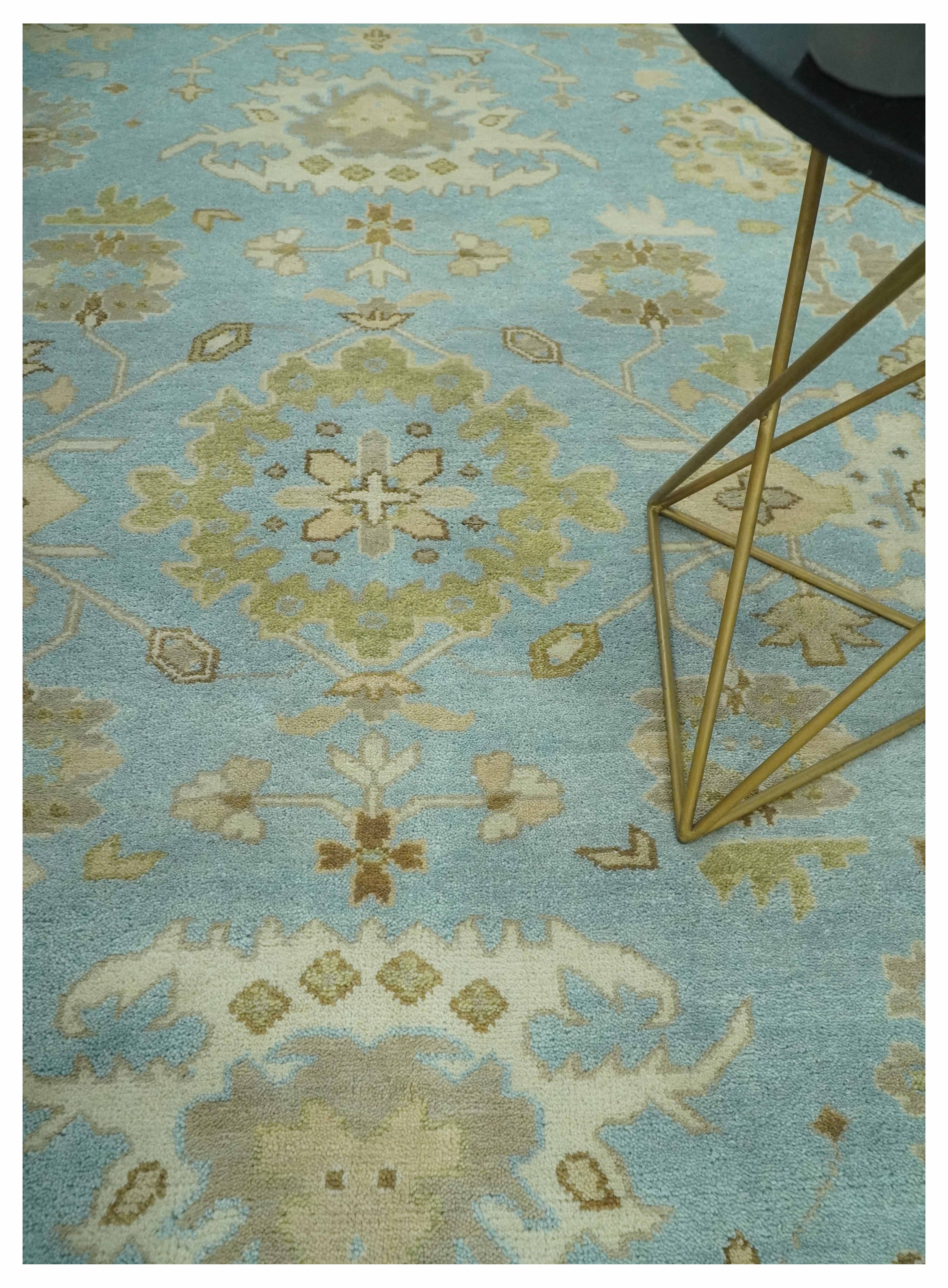 Light Blue, Beige and Ivory Hand knotted 8x10 Traditional Oriental Oushak wool rug - Image 2
