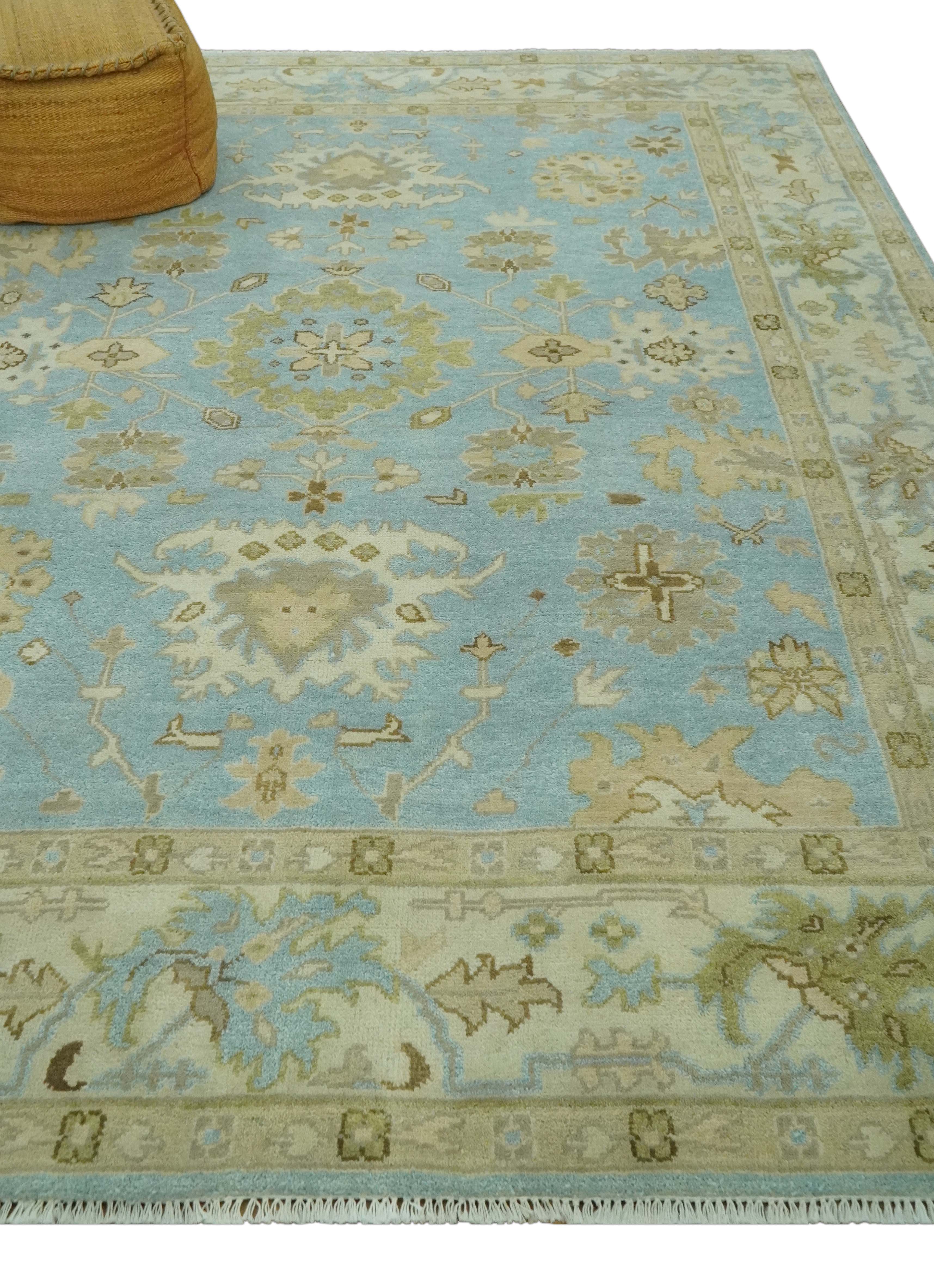 Light Blue, Beige and Ivory Hand knotted 8x10 Traditional Oriental Oushak wool rug - Image 3