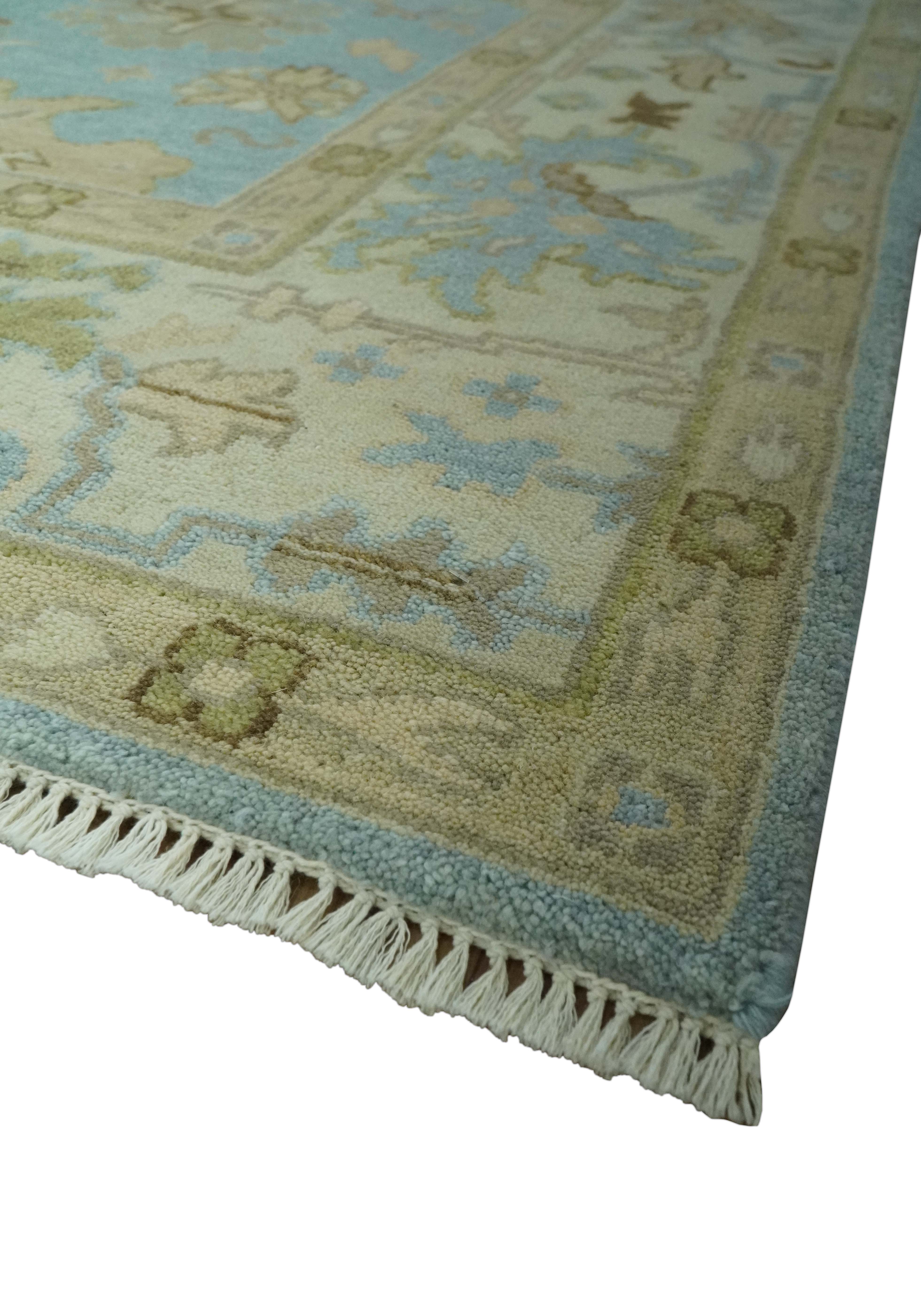 Light Blue, Beige and Ivory Hand knotted 8x10 Traditional Oriental Oushak wool rug - Image 5